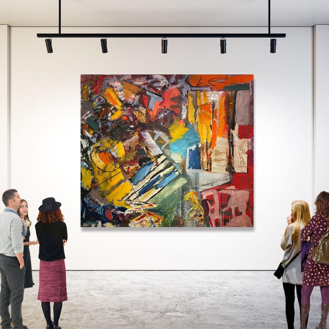 'Ecstasy' grande tecnica mista colorata contemporanea astratta su tela di Steven - Abstract Painting Marrone di Steven H. Rehfeld