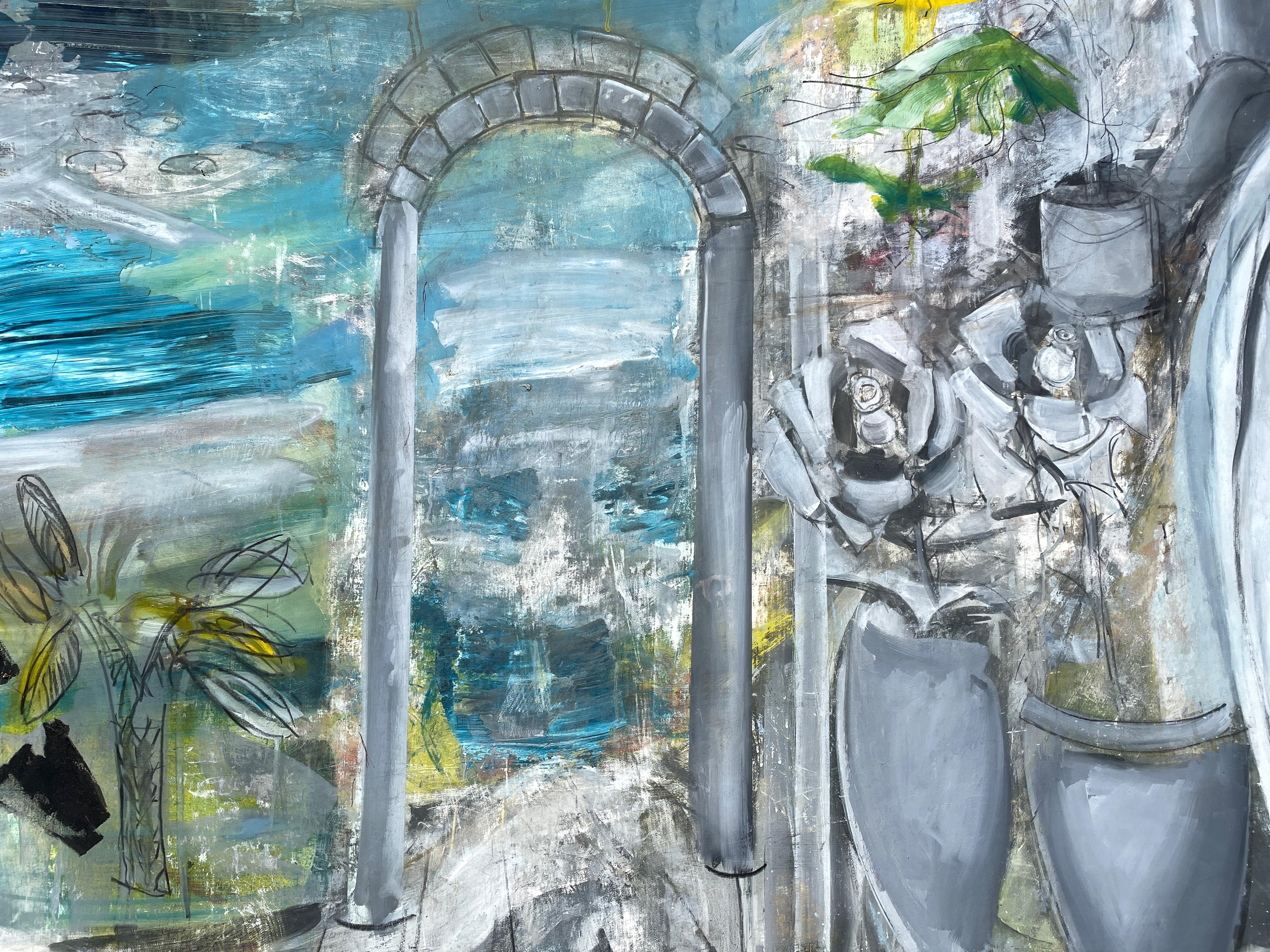 'Elysian Gardens' by Steven Rehfeld - Large Blue, Gray and Yellow Figurative Art For Sale 6