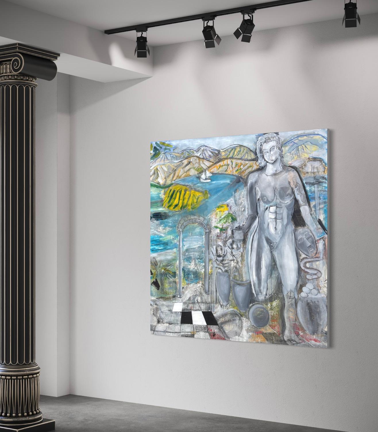 'Elysian Gardens' by Steven Rehfeld - Large Blue, Gray and Yellow Figurative Art For Sale 9