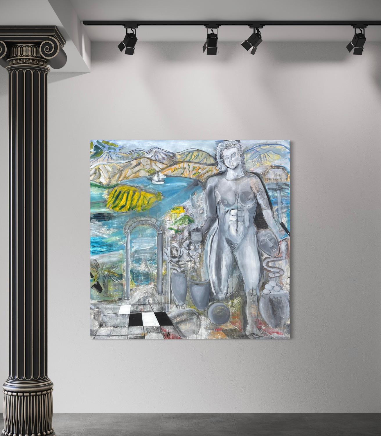 'Elysian Gardens' by Steven Rehfeld - Large Blue, Gray and Yellow Figurative Art - Painting by Steven H. Rehfeld