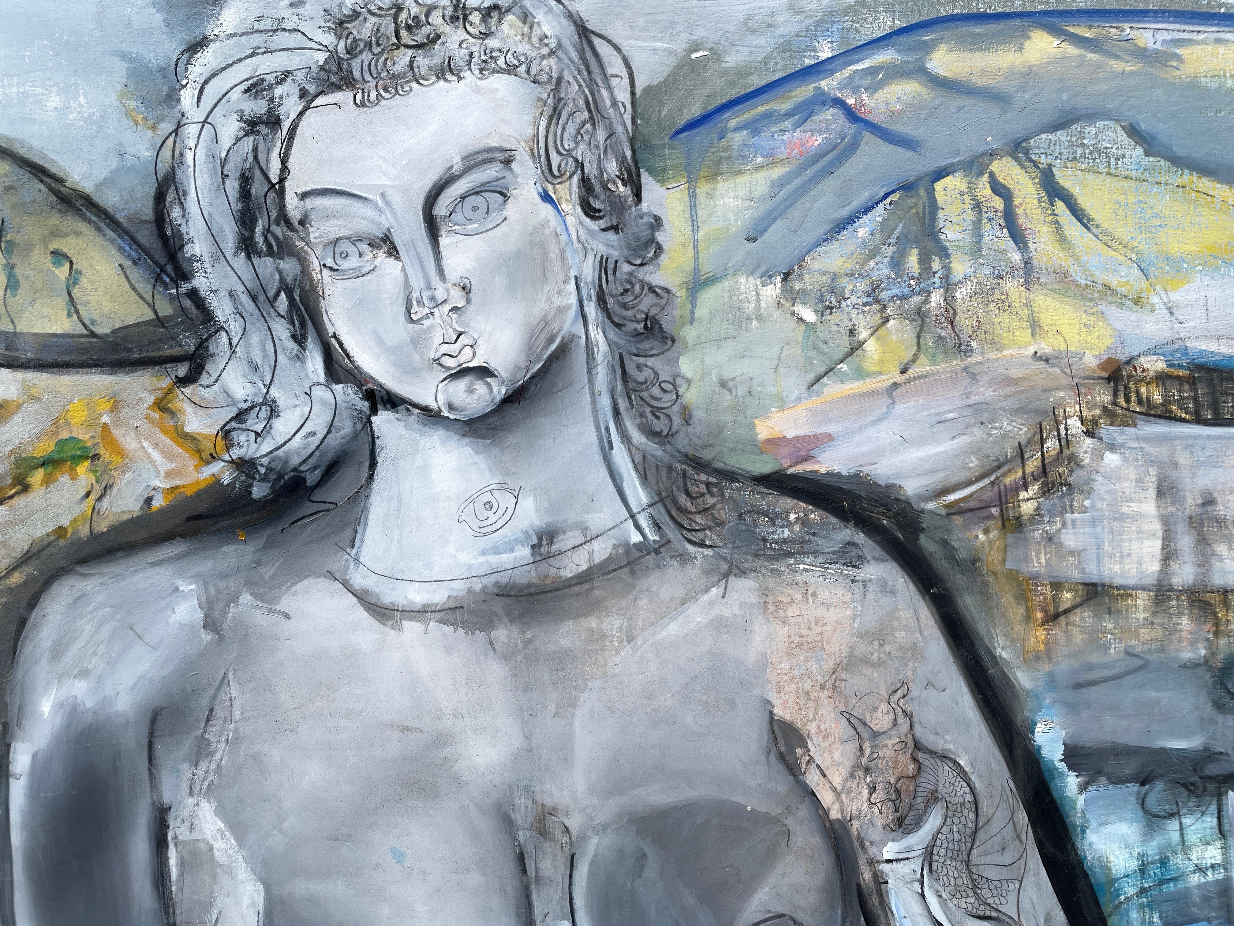 'Elysian Gardens' by Steven Rehfeld - Large Blue, Gray and Yellow Figurative Art - Contemporary Painting by Steven H. Rehfeld