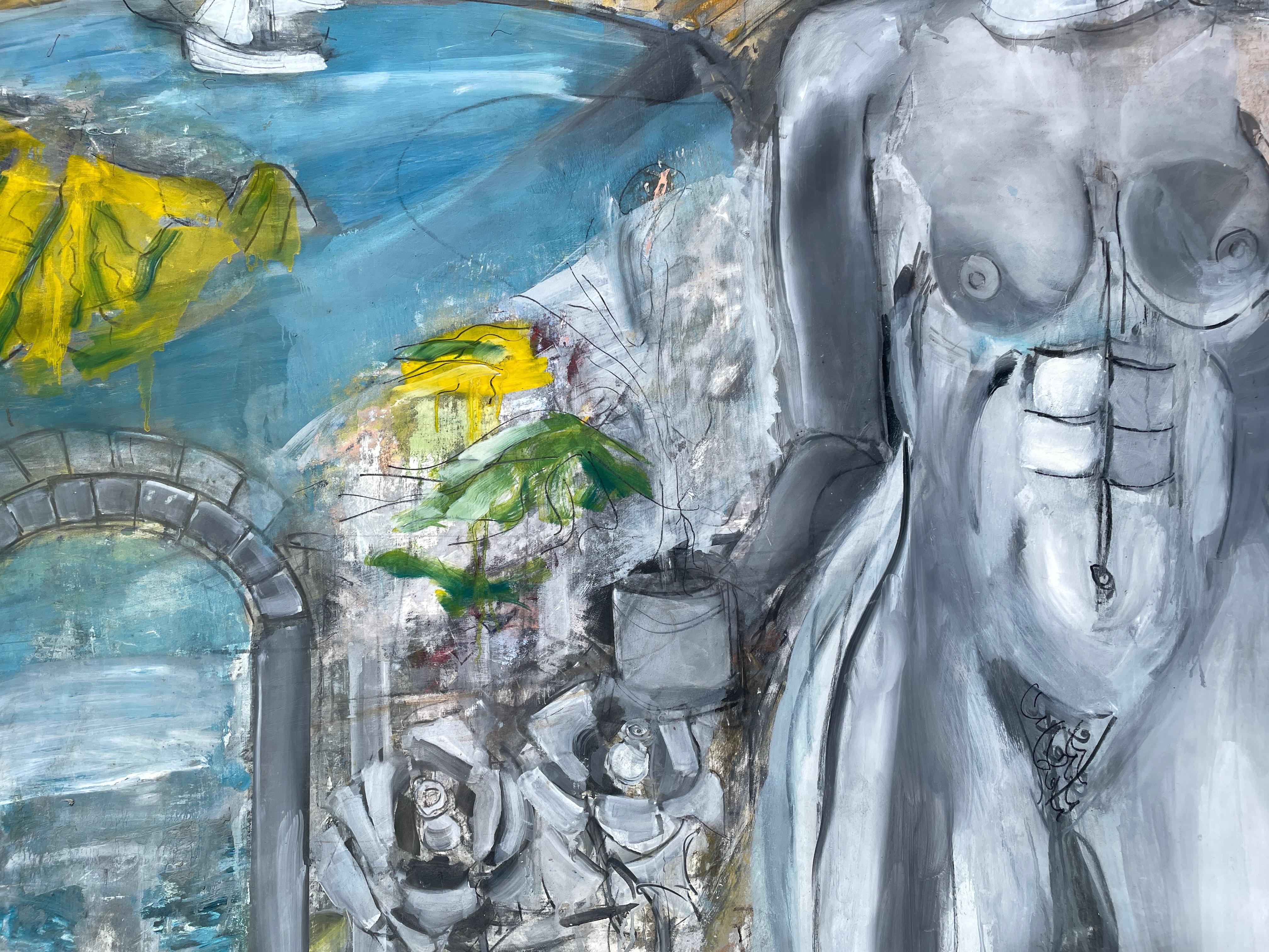 'Elysian Gardens' by Steven Rehfeld - Large Blue, Gray and Yellow Figurative Art For Sale 3