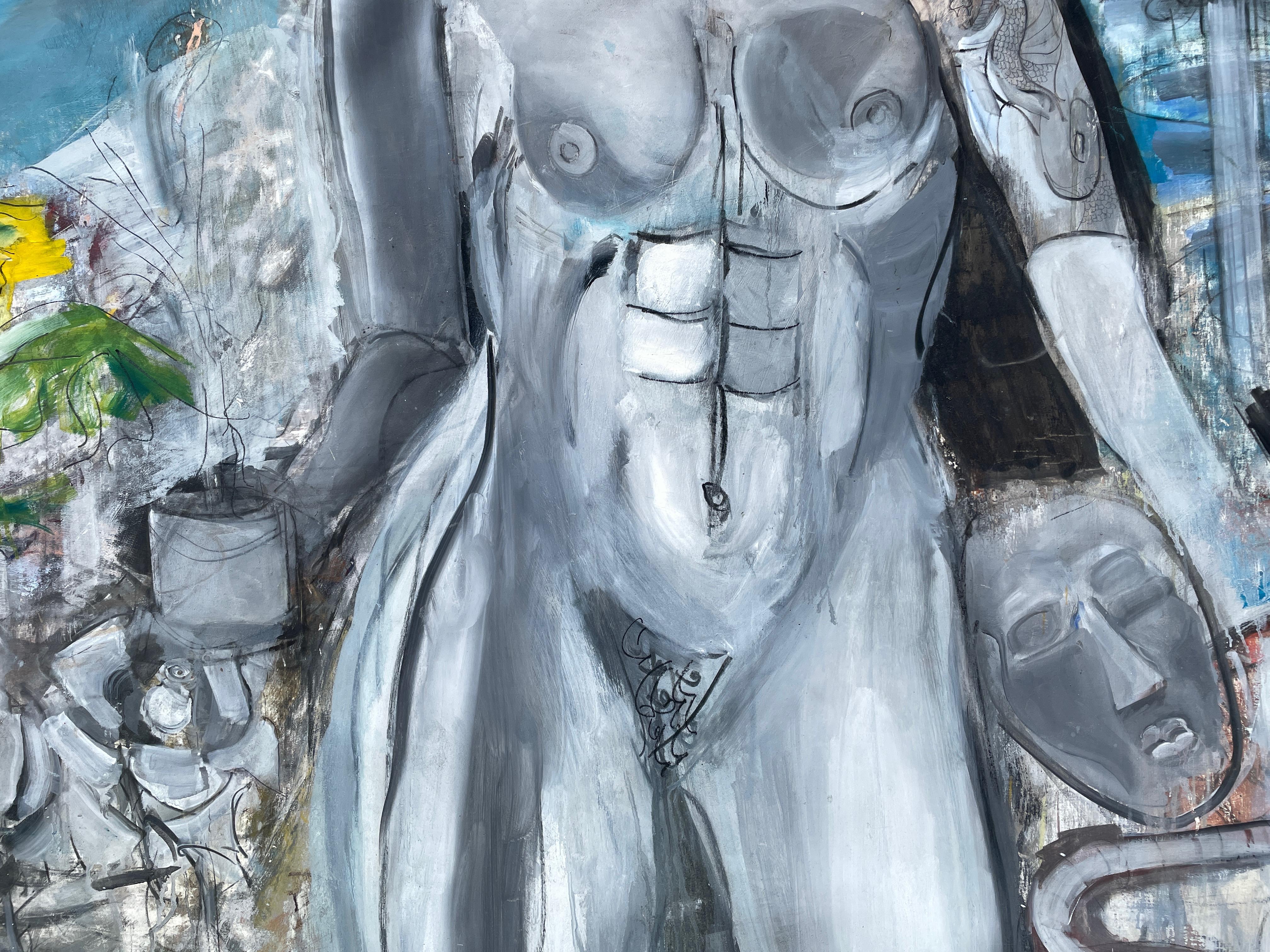 'Elysian Gardens' by Steven Rehfeld - Large Blue, Gray and Yellow Figurative Art For Sale 4