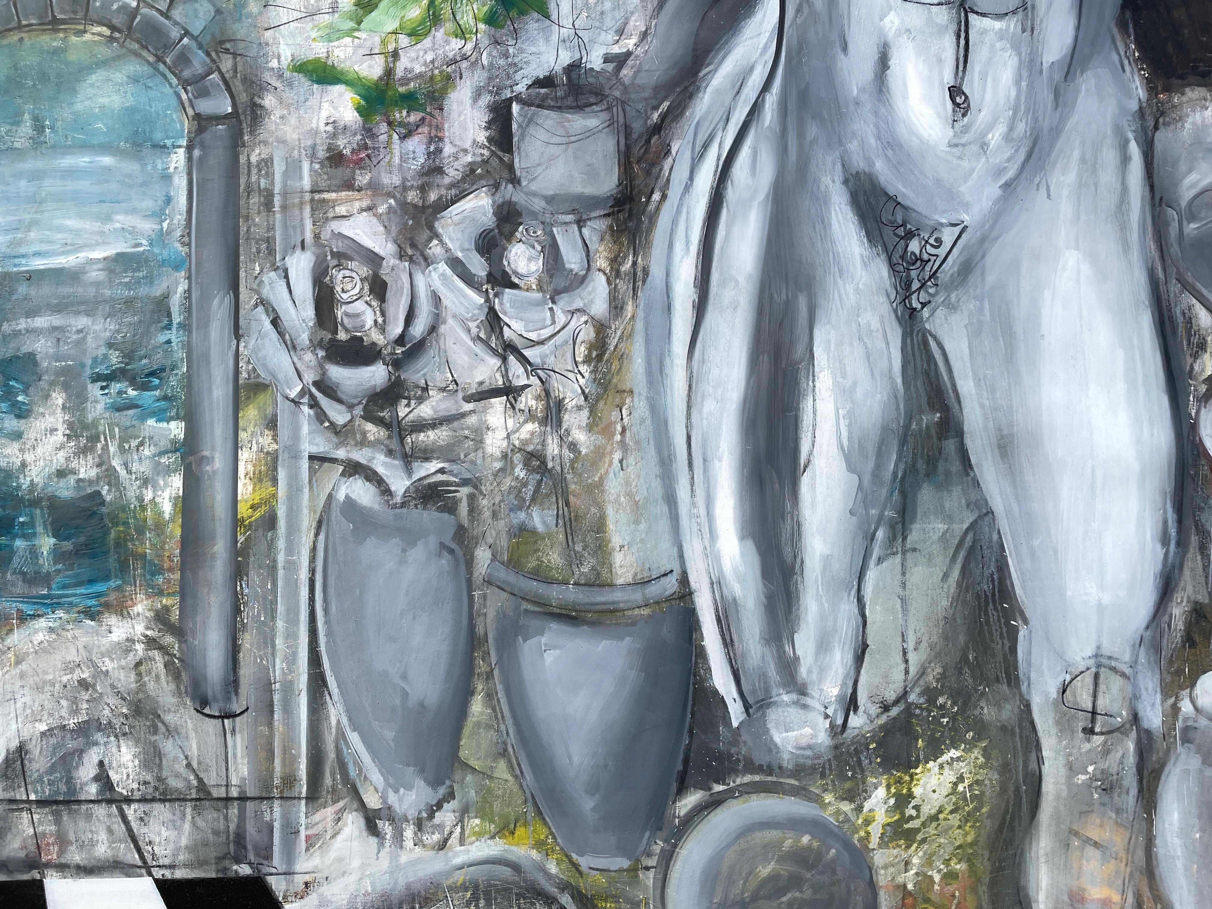 'Elysian Gardens' by Steven Rehfeld - Large Blue, Gray and Yellow Figurative Art For Sale 5