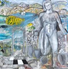 Jardines Elíseos" de Steven Rehfeld - Arte figurativo grande azul, gris y amarillo