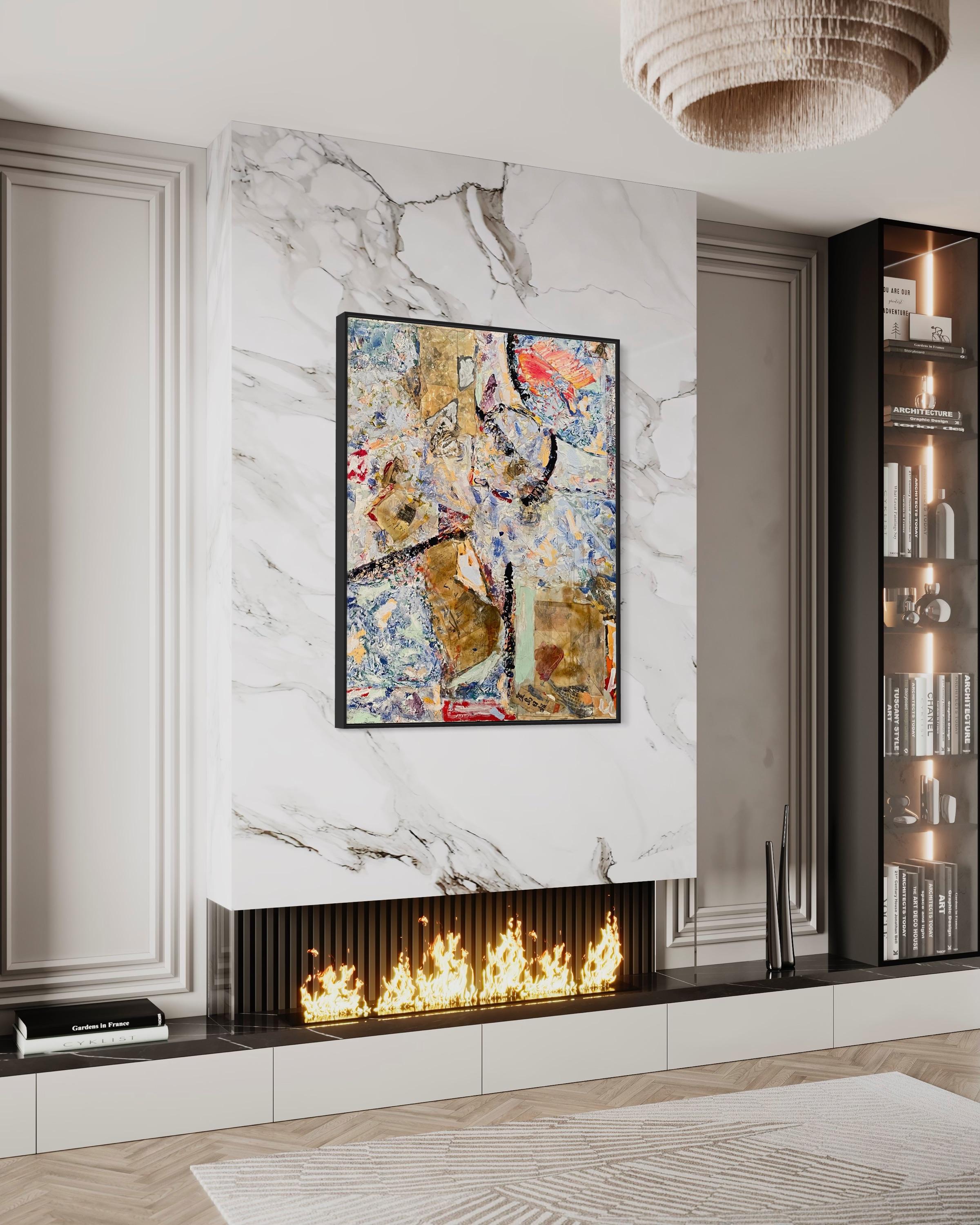 'Flow' Whiting/Blu/Rosso, tecnica mista astratta originale contemporanea su tela in vendita 7