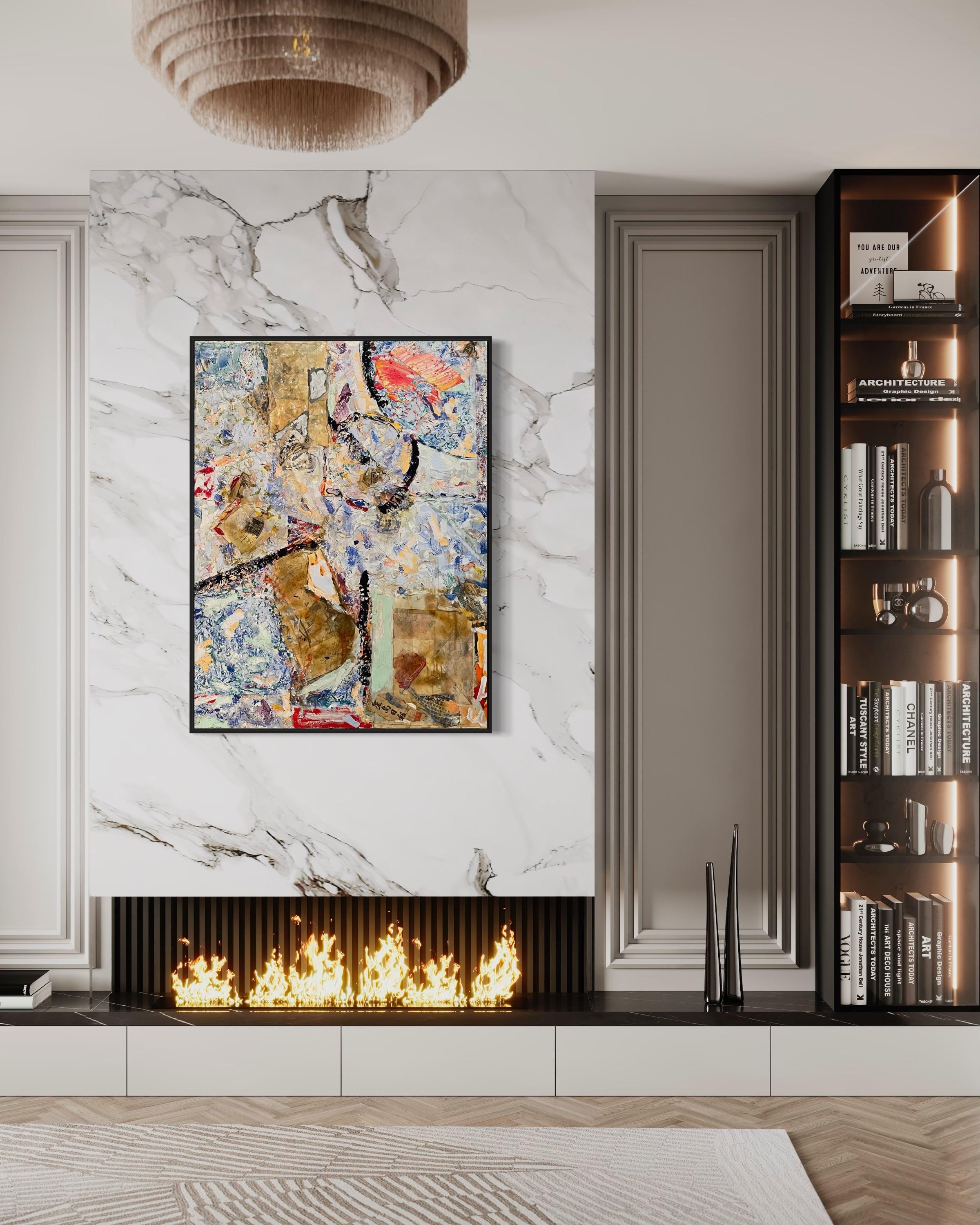 'Flow' Whiting/Blu/Rosso, tecnica mista astratta originale contemporanea su tela in vendita 1