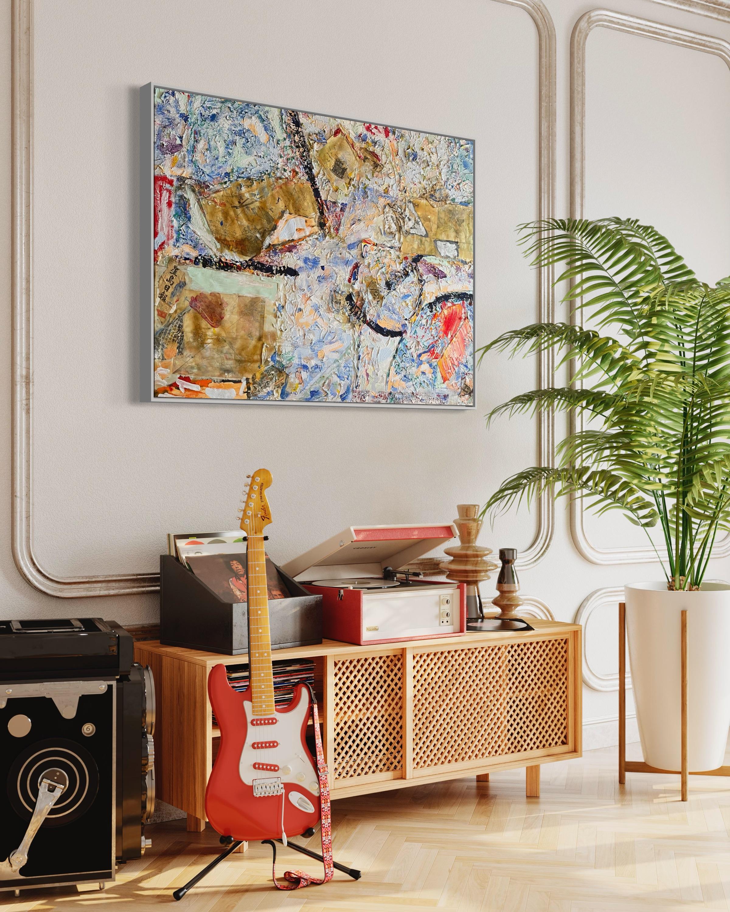 'Flow' Whiting/Blu/Rosso, tecnica mista astratta originale contemporanea su tela in vendita 6