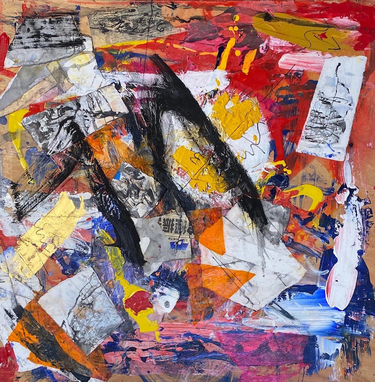"Fusión" Rojo, Negro y Azul Técnica Mixta Abstracta Contemporánea Por S. Rehfeld
