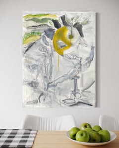 "Golden Apple" - Contemporary Landscape Still-Life Painting in Gray and Yellow
