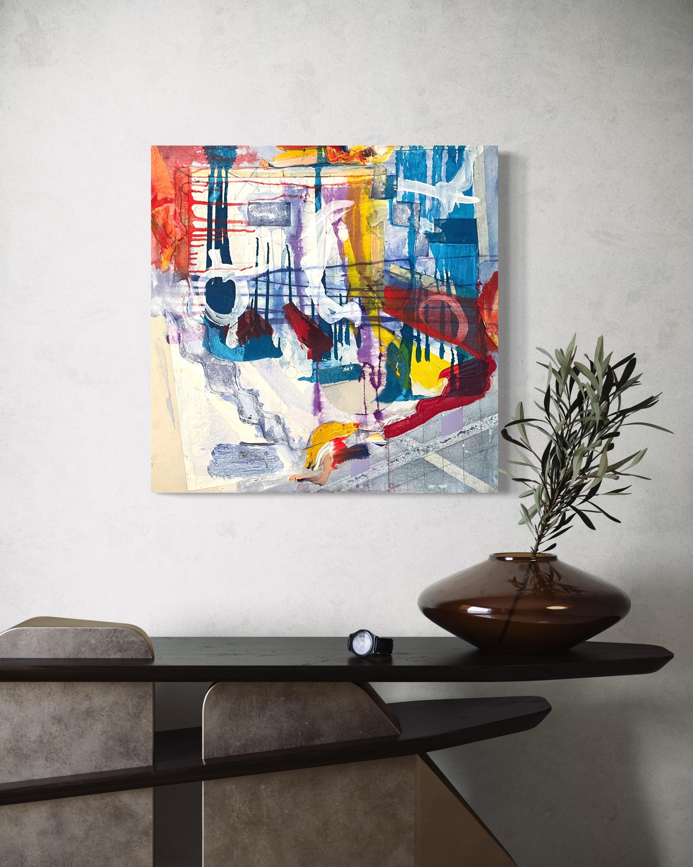 « Interplay » de Steven H. Rehfeld - œuvre d'art abstraite blanche, bleue, rouge et jaune en vente 1
