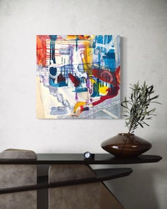 "Interplay" - Abstracto contemporáneo en técnica mixta de colores - Rojo, azul y amarillo