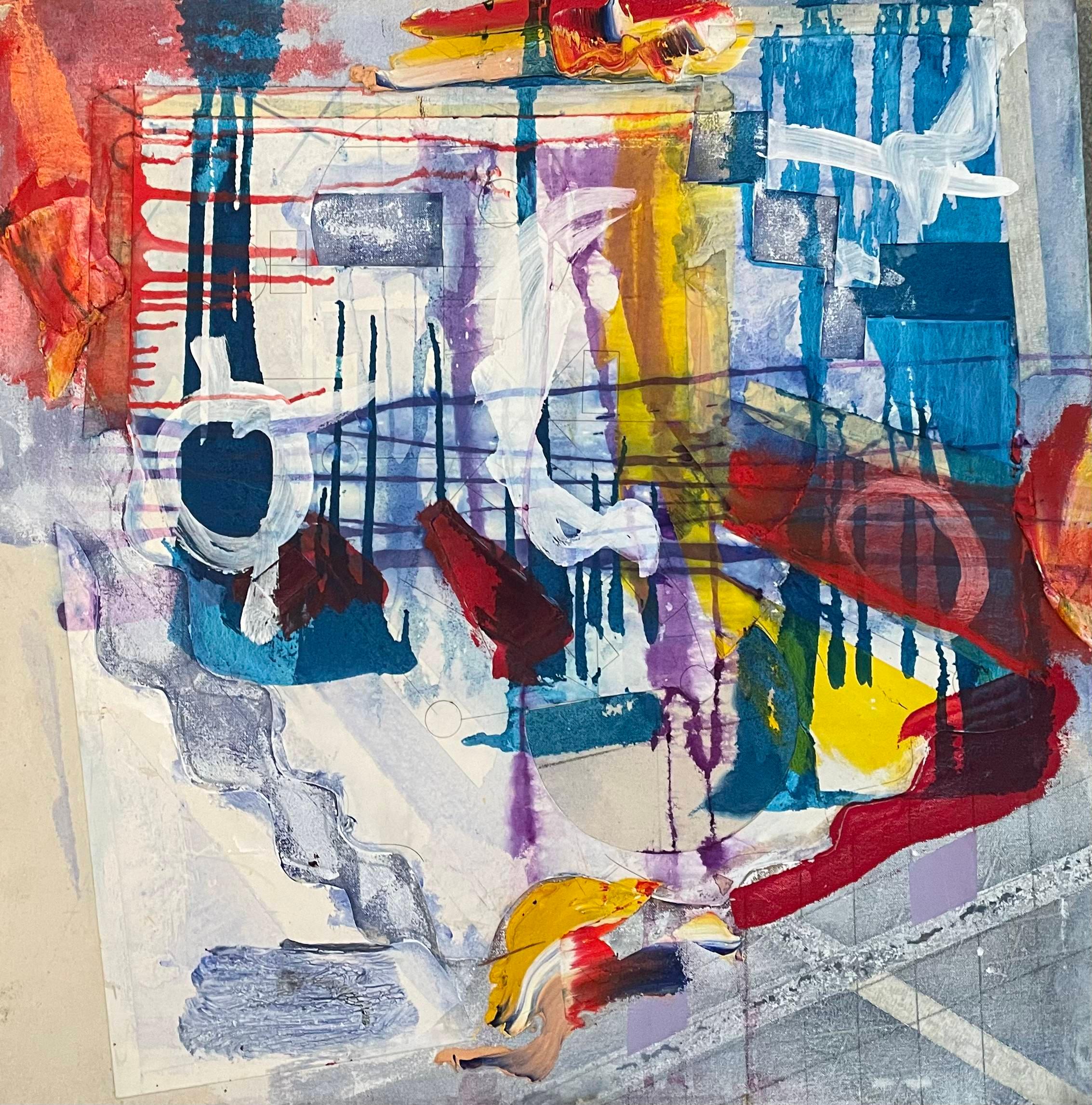 "Interplay" by Steven Rehfeld is a compelling 25" x 25" contemporary abstract mixed media work, embodying the intricate dance between structure and spontaneity. The canvas is a vivid tableau of color and texture, where bold strokes of crimson and