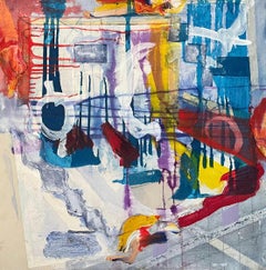 'Interplay' di Steven H. Rehfeld - Opera d'arte astratta bianca, blu, rossa e gialla
