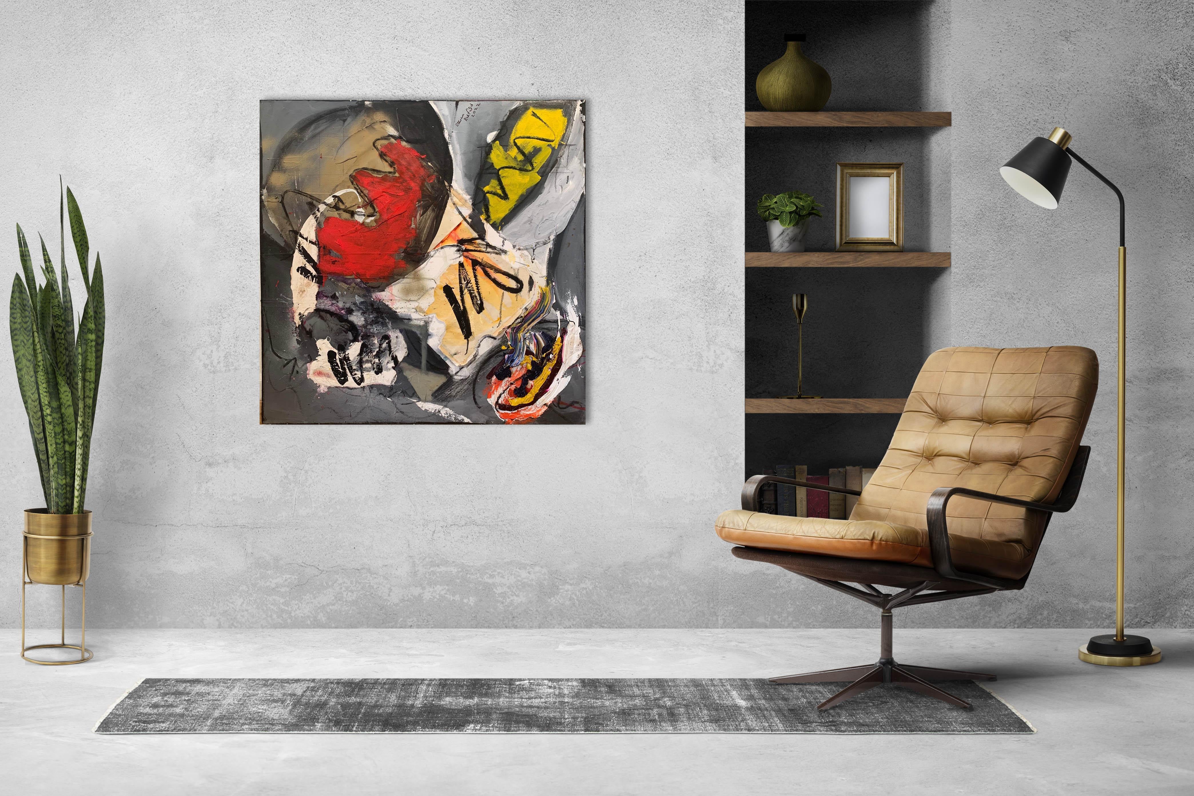 'Moon' Nero, rosso e grigio, tecnica mista astratta contemporanea di S. Rehfeld in vendita 4