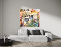 "May Flowers" - Colorful Contemporary Surrealist Landscape with Blue Flowers