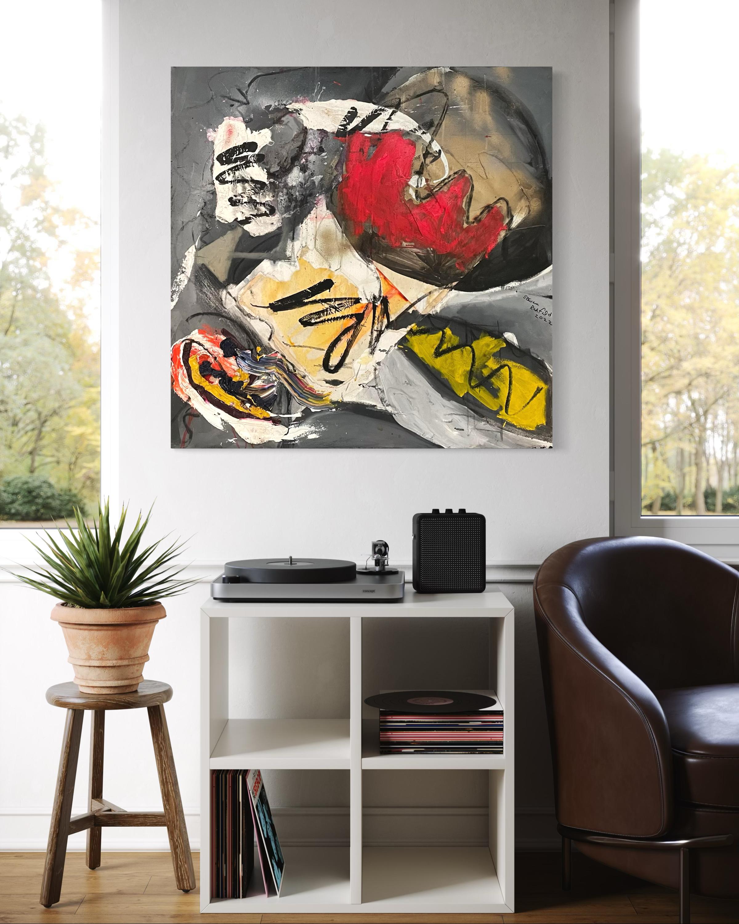 Moon' Schwarz, Rot und Grau Abstrakte Mischtechnik von S. Rehfeld – Painting von Steven H. Rehfeld