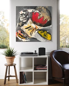 "Moon" - Textural Contemporary Abstract in Red, Yellow, and Black Oil Palette