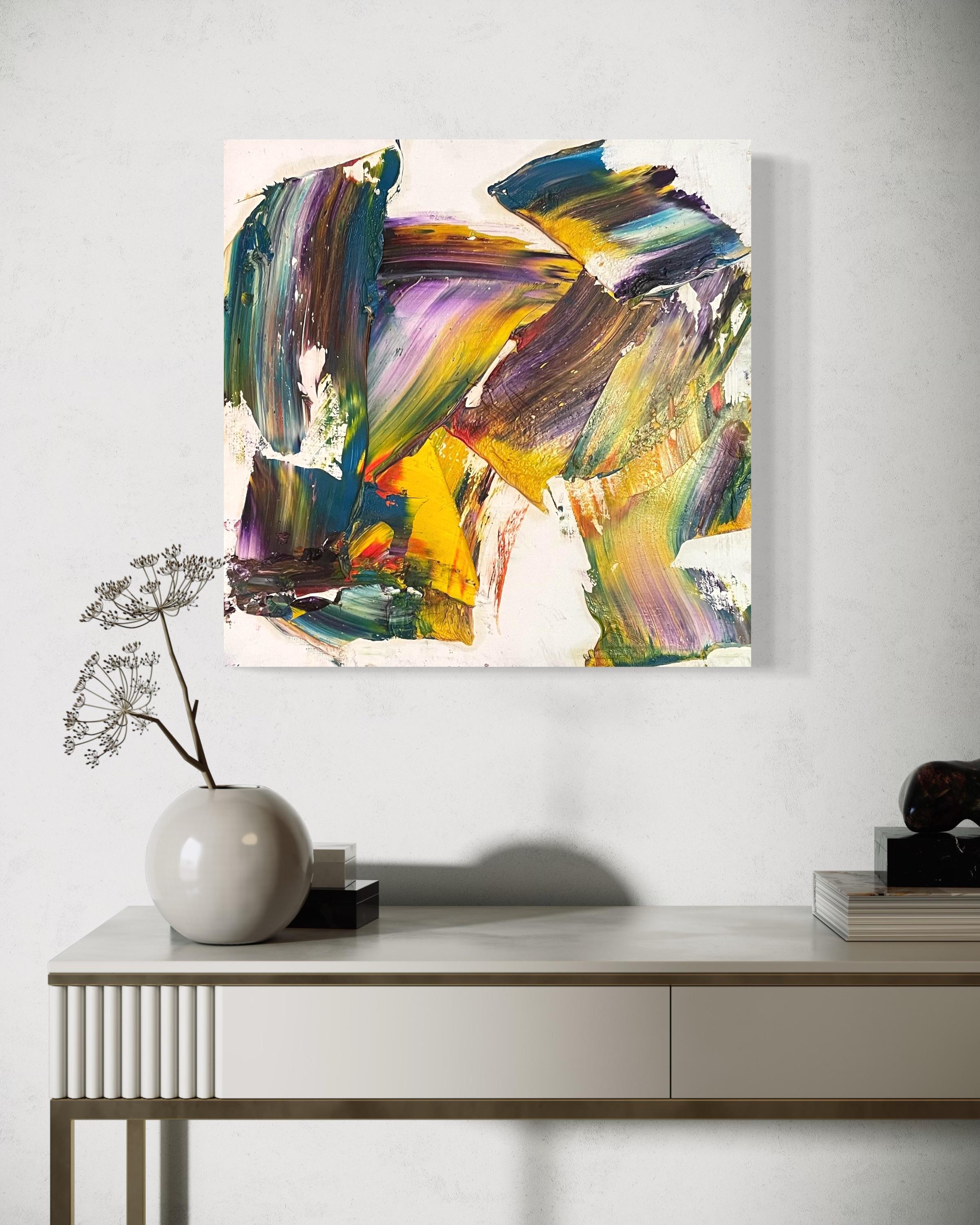 „Prism“ von Steven H. Rehfeld - Leuchtend farbenfrohes abstraktes Gemälde in Öl auf Holz im Angebot 1