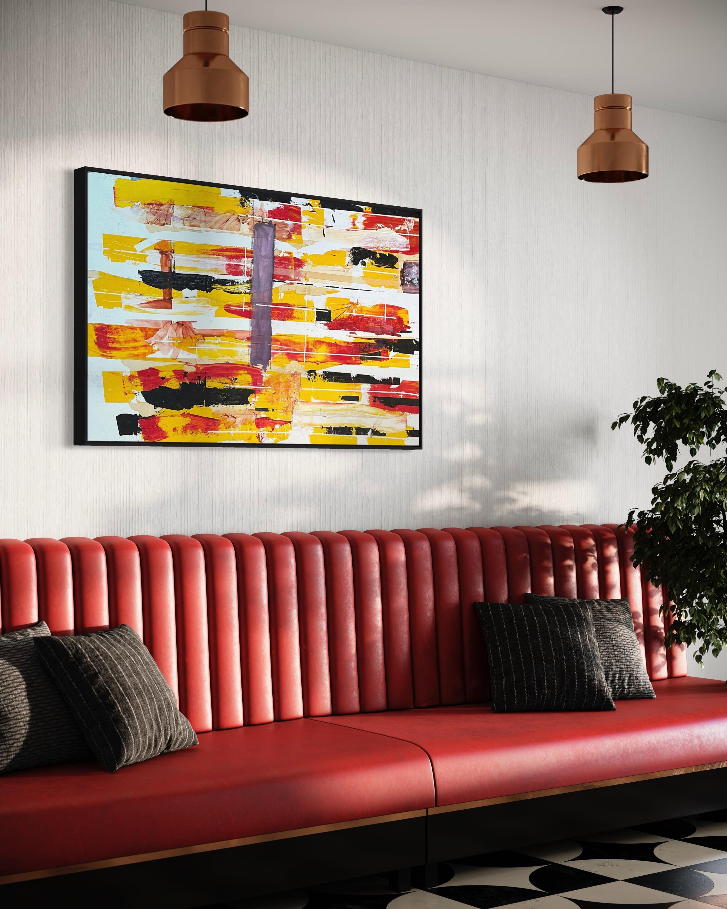 'Risonanza' - Pittura astratta contemporanea con colori neri, rossi e gialli vivaci in vendita 2