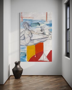 "San Francisco" by Rehfeld - Post-Modern Figurative Scene of Woman at the Beach