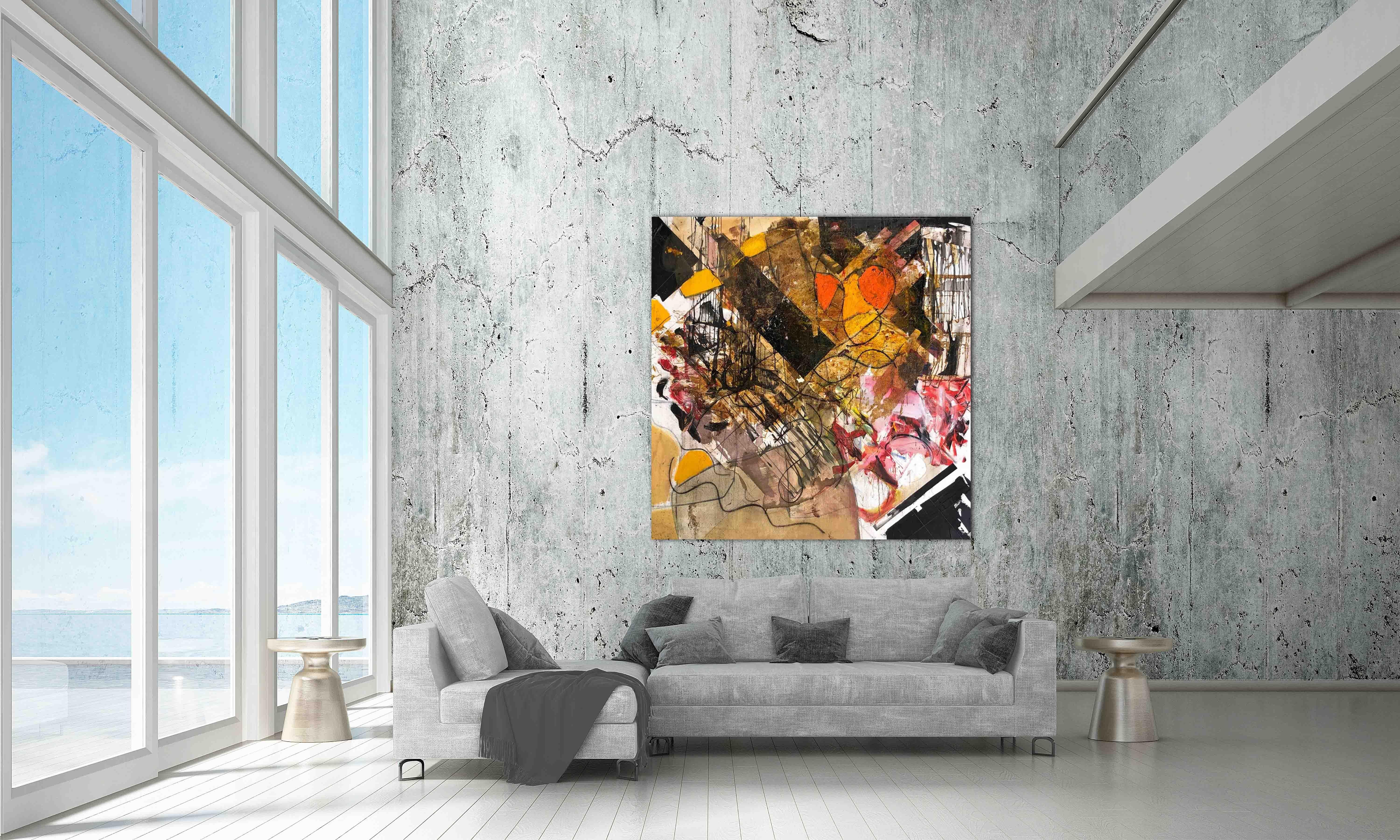 'Sunlight' - Media mista nera e arancione - Grande astratto contemporaneo in vendita 3