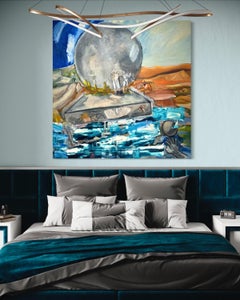 „Atlas“ - Großes blaues und graues figuratives Landschaftsgemälde, Ölgemälde