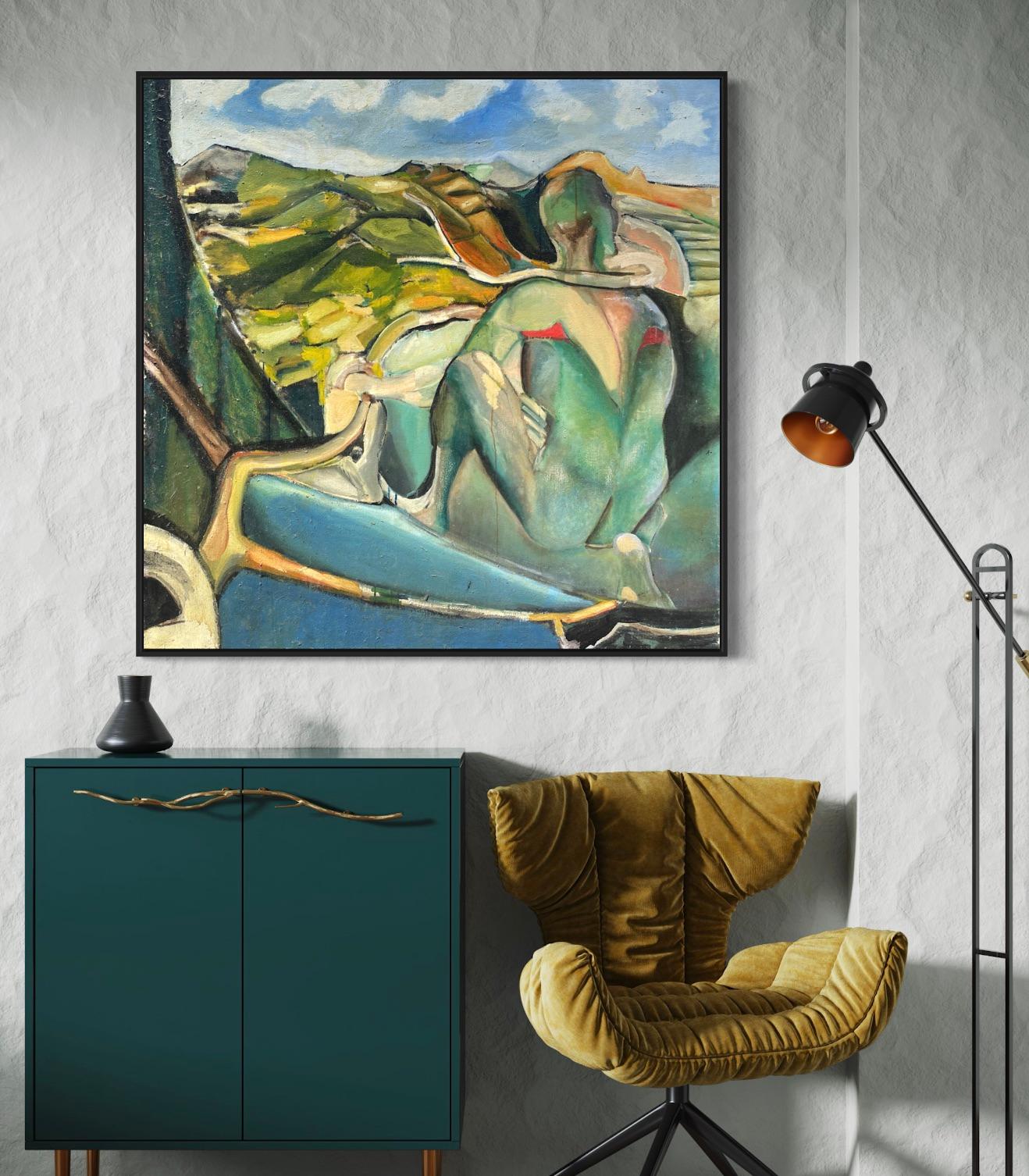 „The Man of the Mountains“ von Steven Rehfeld – Surrealistische grüne Landschaftskunst – Painting von Steven H. Rehfeld