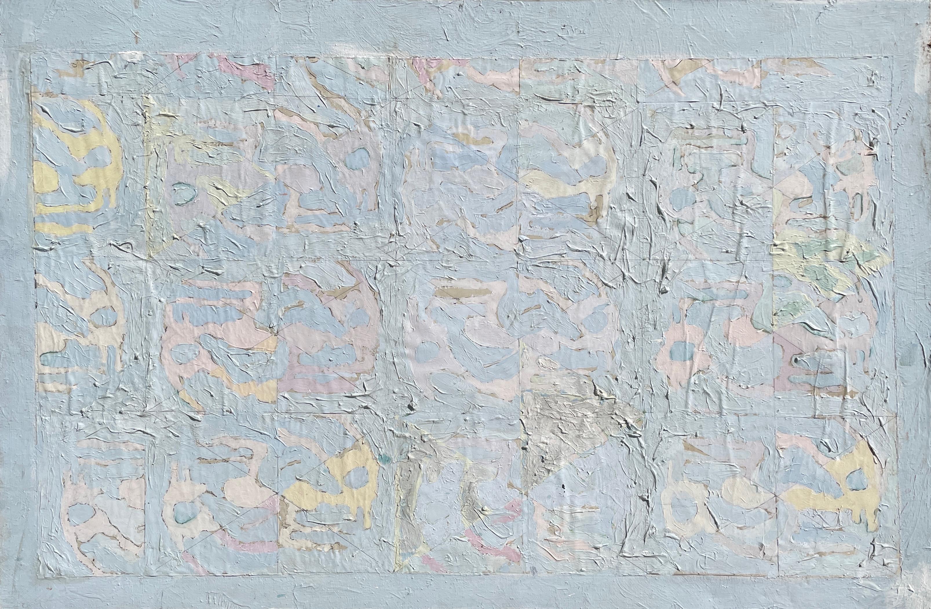 "Untitled" - 1978 Abstrait moderne texturé en Mixed Media dans les tons bleus et pastels