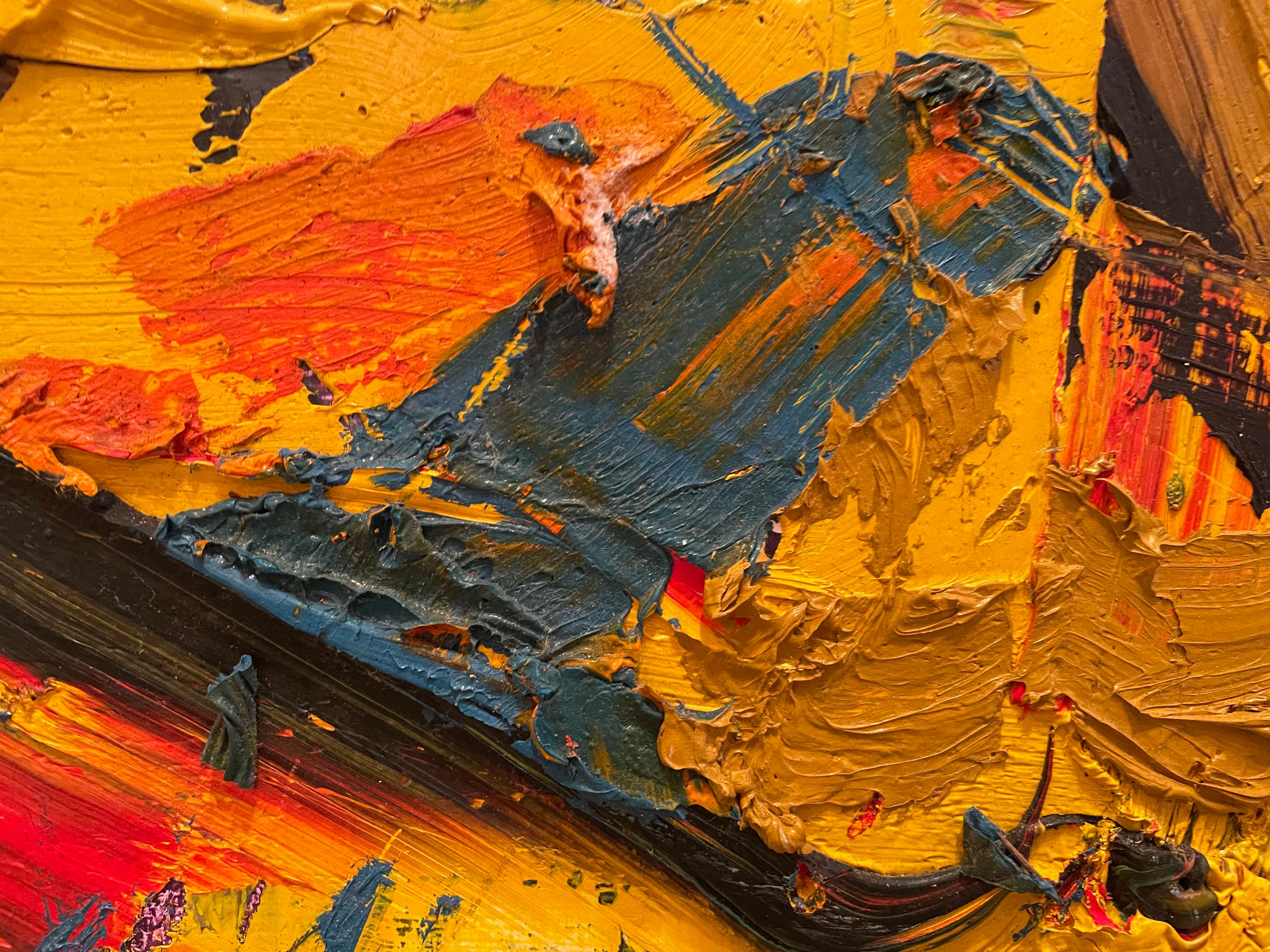 Intrigue #1' Blau, Gelb, Schwarz Gemischte Medien Kleine Contemporary Abstract (Orange), Abstract Painting, von Steven H. Rehfeld