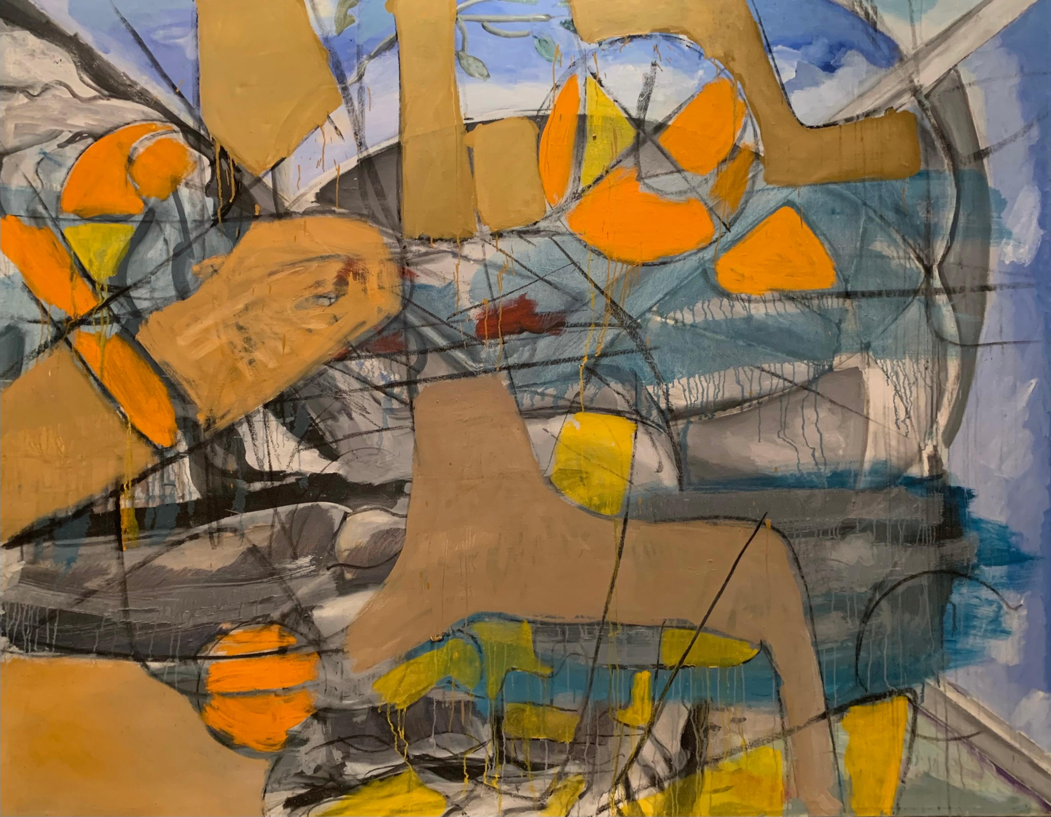 "Oasis" Large Orange and Blue Mixed Media Contemporary Abstract by S. Rehfeld
