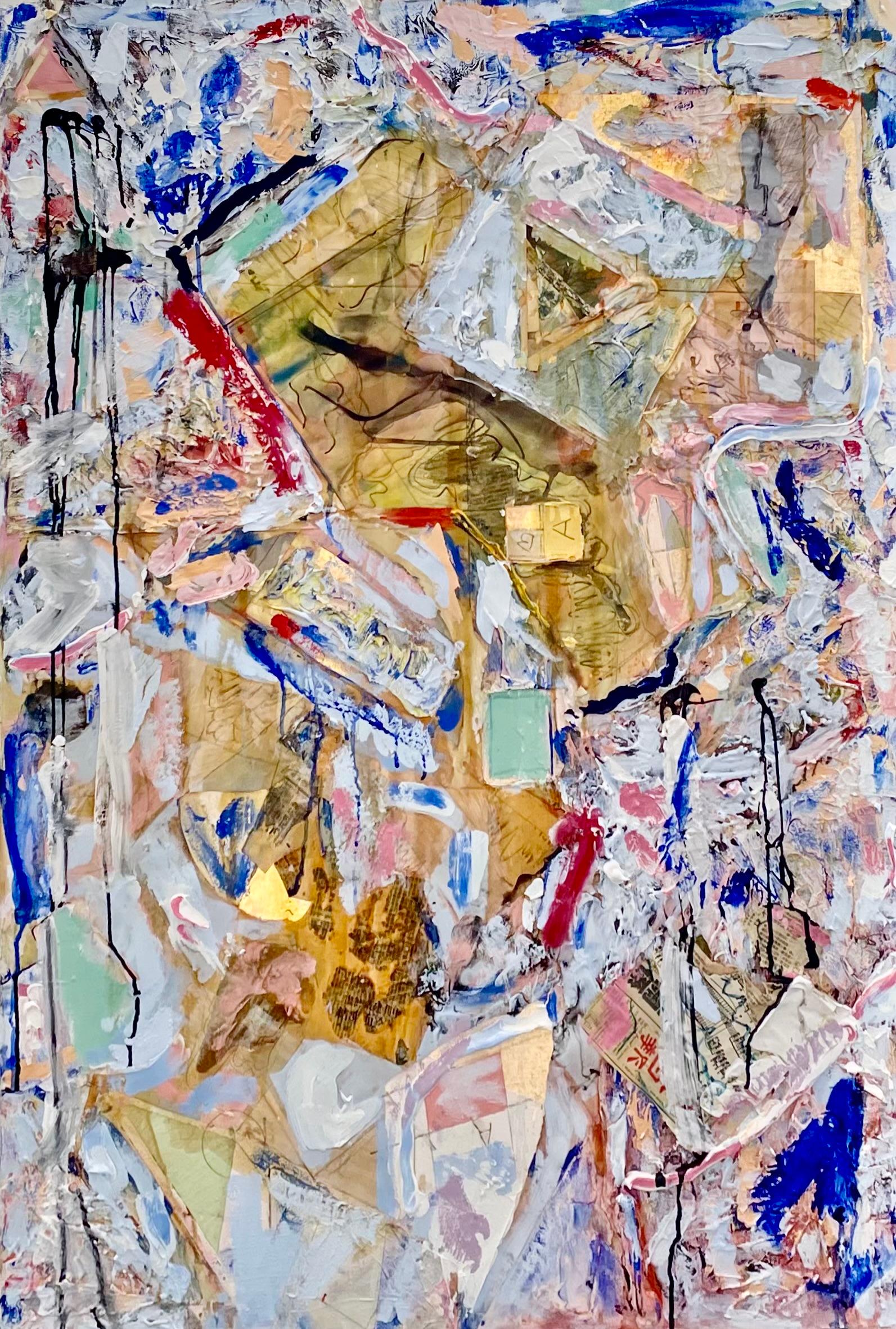"Congruence" Abstrait contemporain en techniques mixtes bleu et rose par Steven Rehfeld
