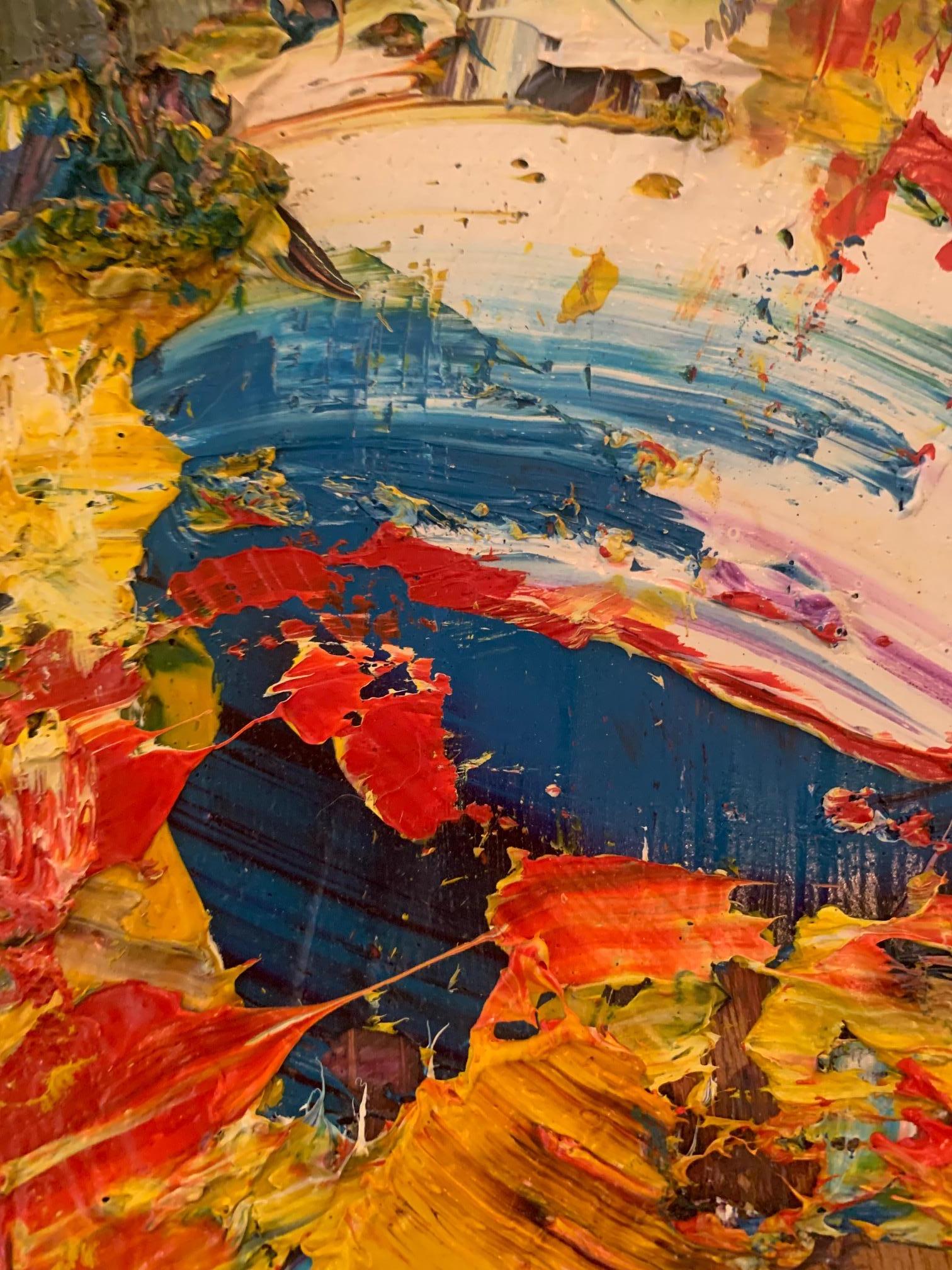 Untitled' Gelb/Rot/Blau Gemischte Medien Kleiner Contemporary Abstract auf Holz – Painting von Steven H. Rehfeld