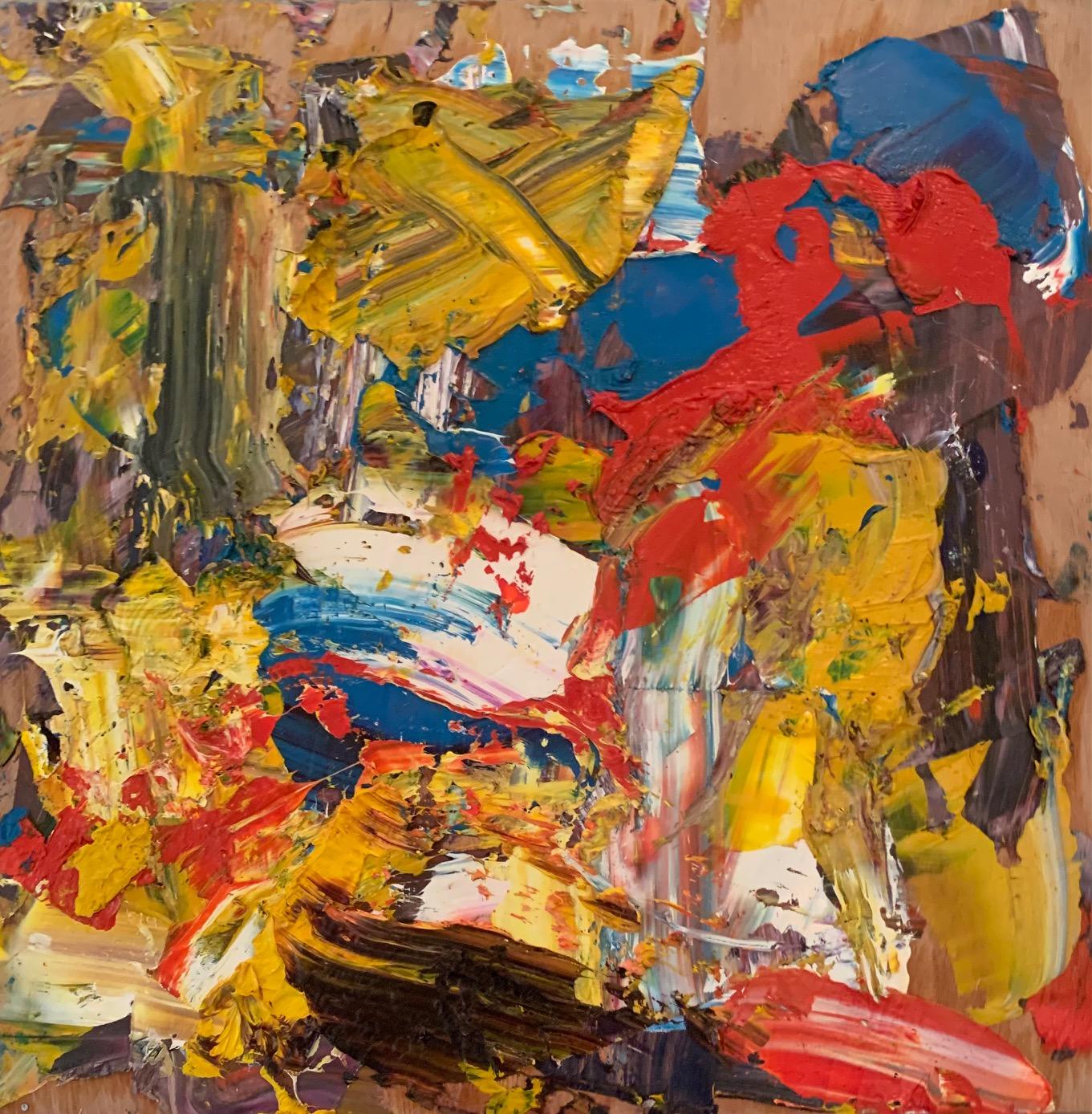 Steven H. Rehfeld Abstract Painting – Untitled' Gelb/Rot/Blau Gemischte Medien Kleiner Contemporary Abstract auf Holz