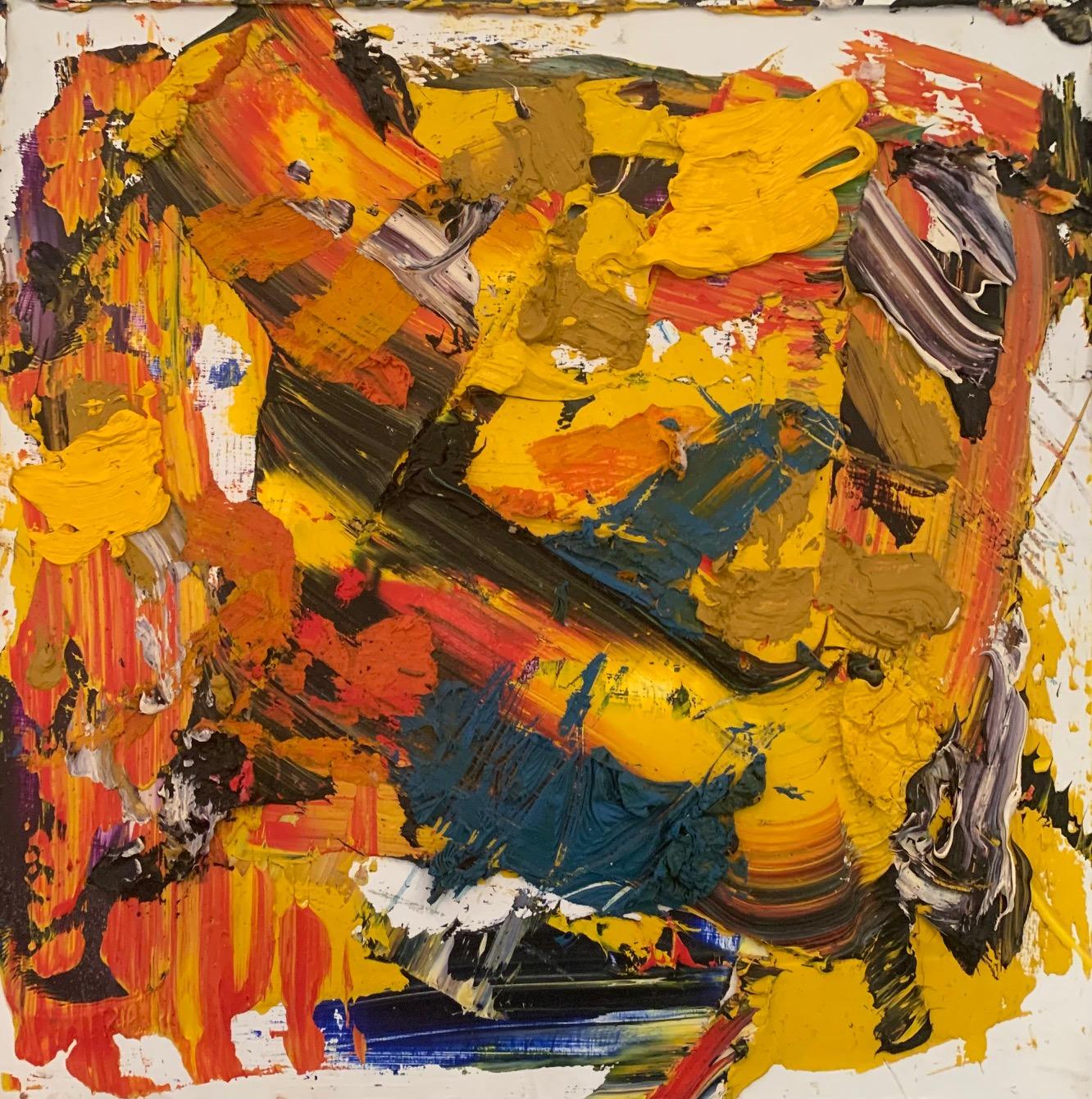 Steven H. Rehfeld Abstract Painting – Intrigue #1' Blau, Gelb, Schwarz Gemischte Medien Kleine Contemporary Abstract