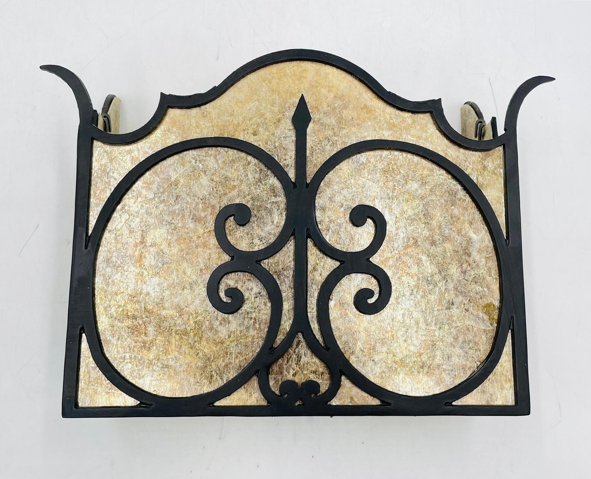 Spanish Colonial Steven Handelman Studios Spanish Revival Wrought Iron Wall Sconce & Mica Panels For Sale