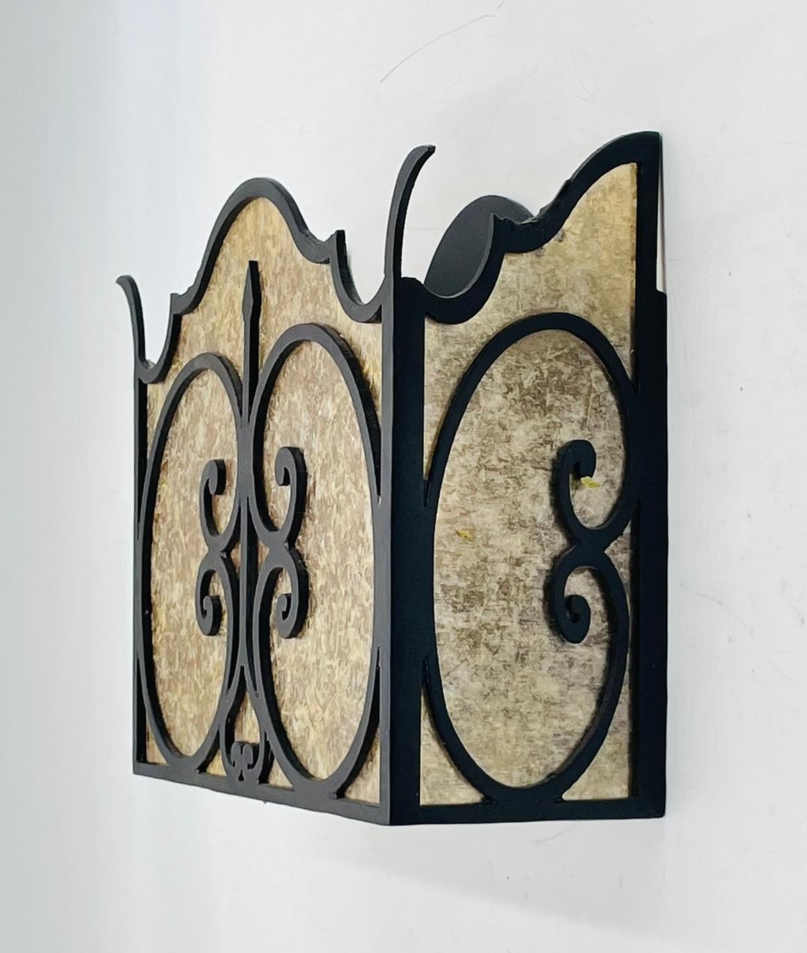 American Steven Handelman Studios Spanish Revival Wrought Iron Wall Sconce & Mica Panels For Sale