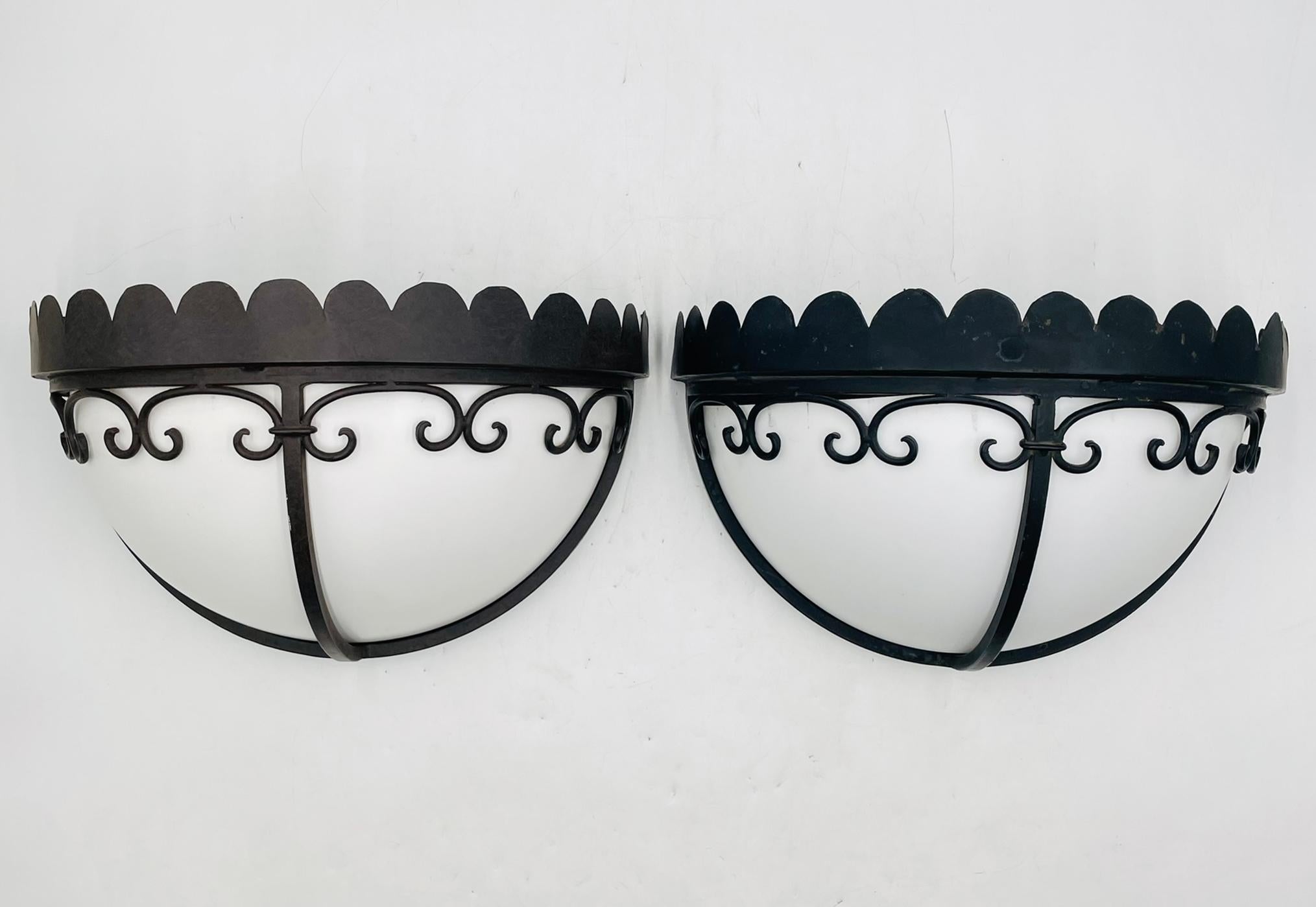 Mid-Century Modern Steven Handelman Studios Wrought Iron Wall Sconces with White Lucite Shades For Sale