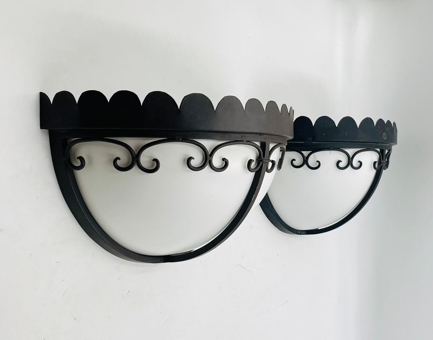 American Steven Handelman Studios Wrought Iron Wall Sconces with White Lucite Shades For Sale