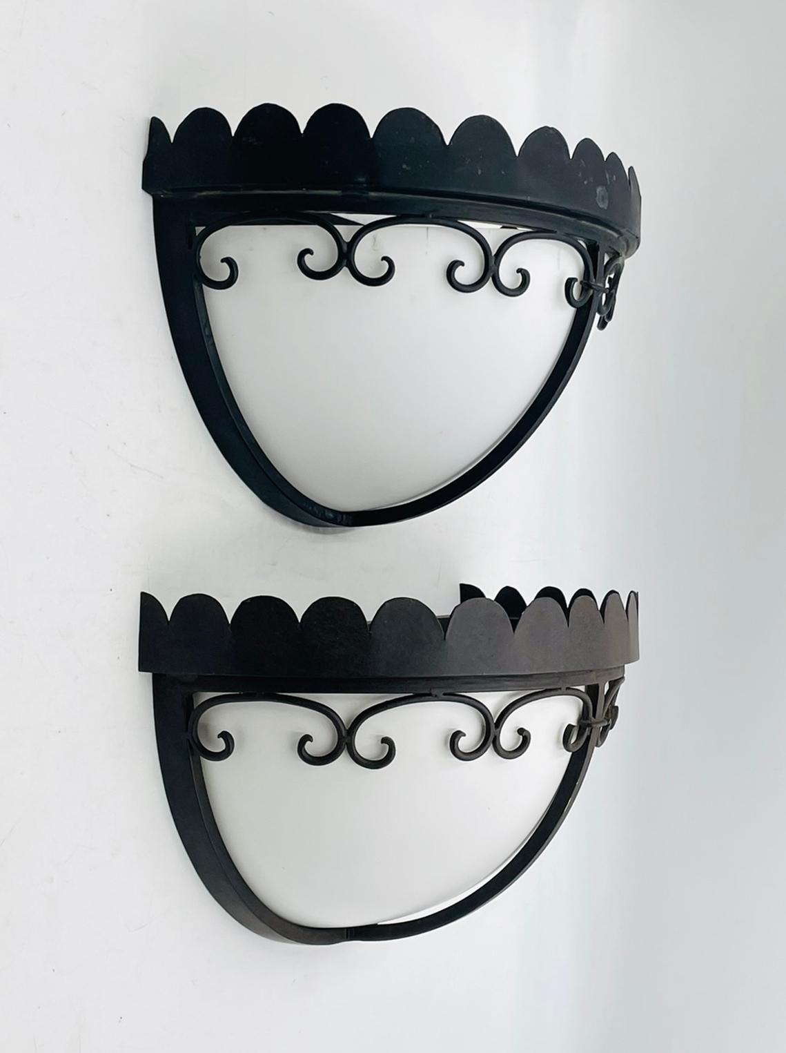 Hand-Crafted Steven Handelman Studios Wrought Iron Wall Sconces with White Lucite Shades For Sale