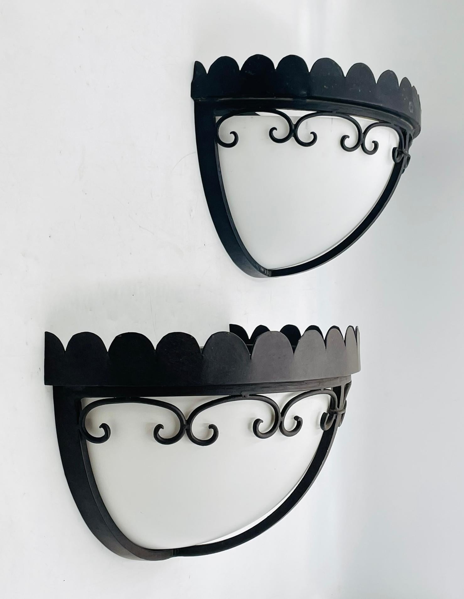 Steven Handelman Studios Wrought Iron Wall Sconces with White Lucite Shades In Good Condition For Sale In Los Angeles, CA