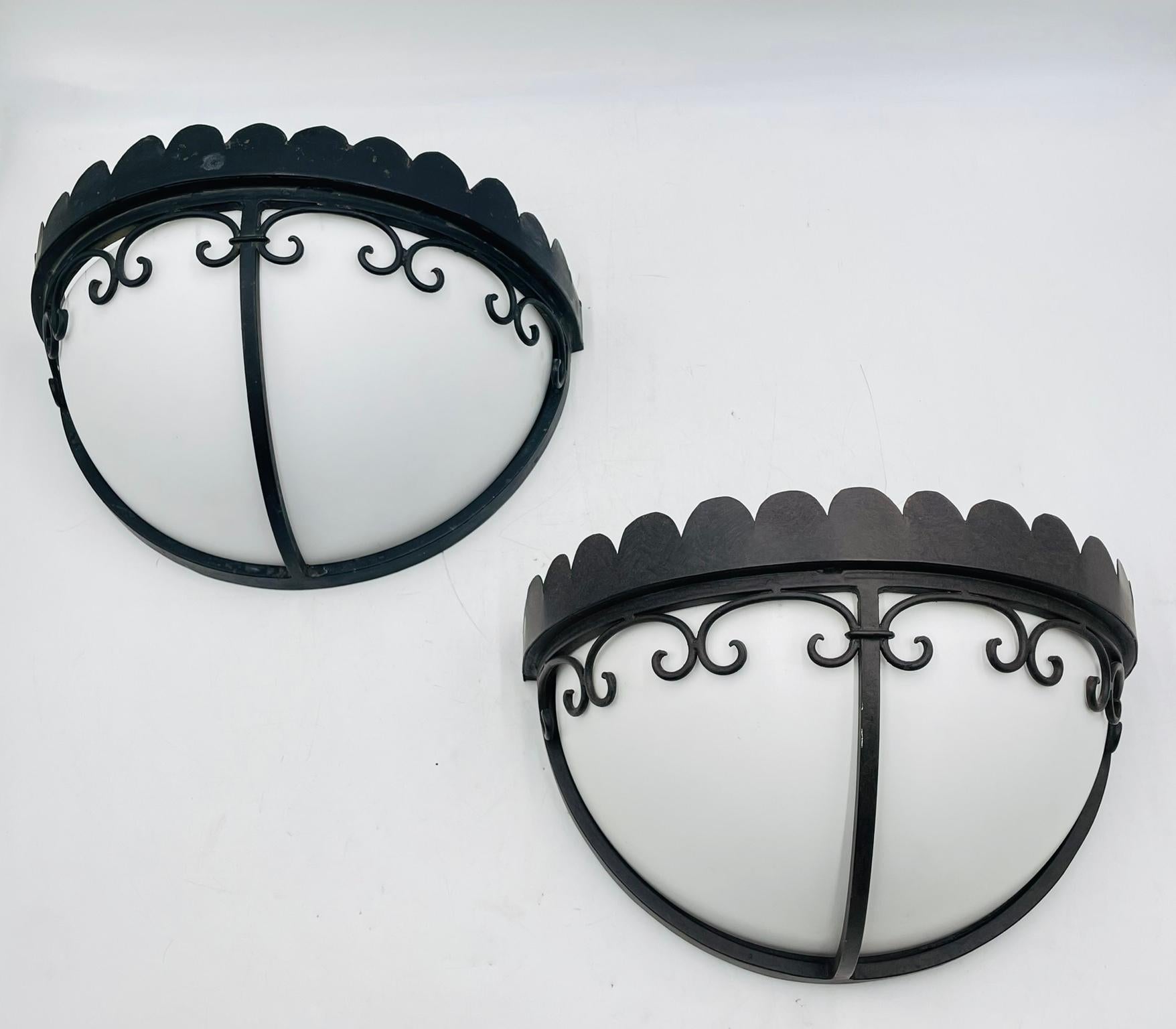 Contemporary Steven Handelman Studios Wrought Iron Wall Sconces with White Lucite Shades For Sale
