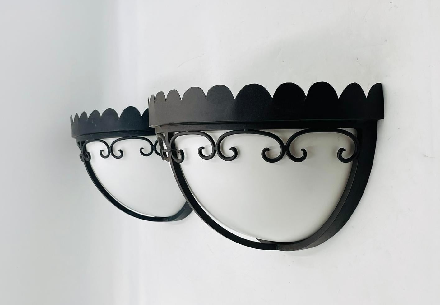 Steven Handelman Studios Wrought Iron Wall Sconces with White Lucite Shades For Sale 1