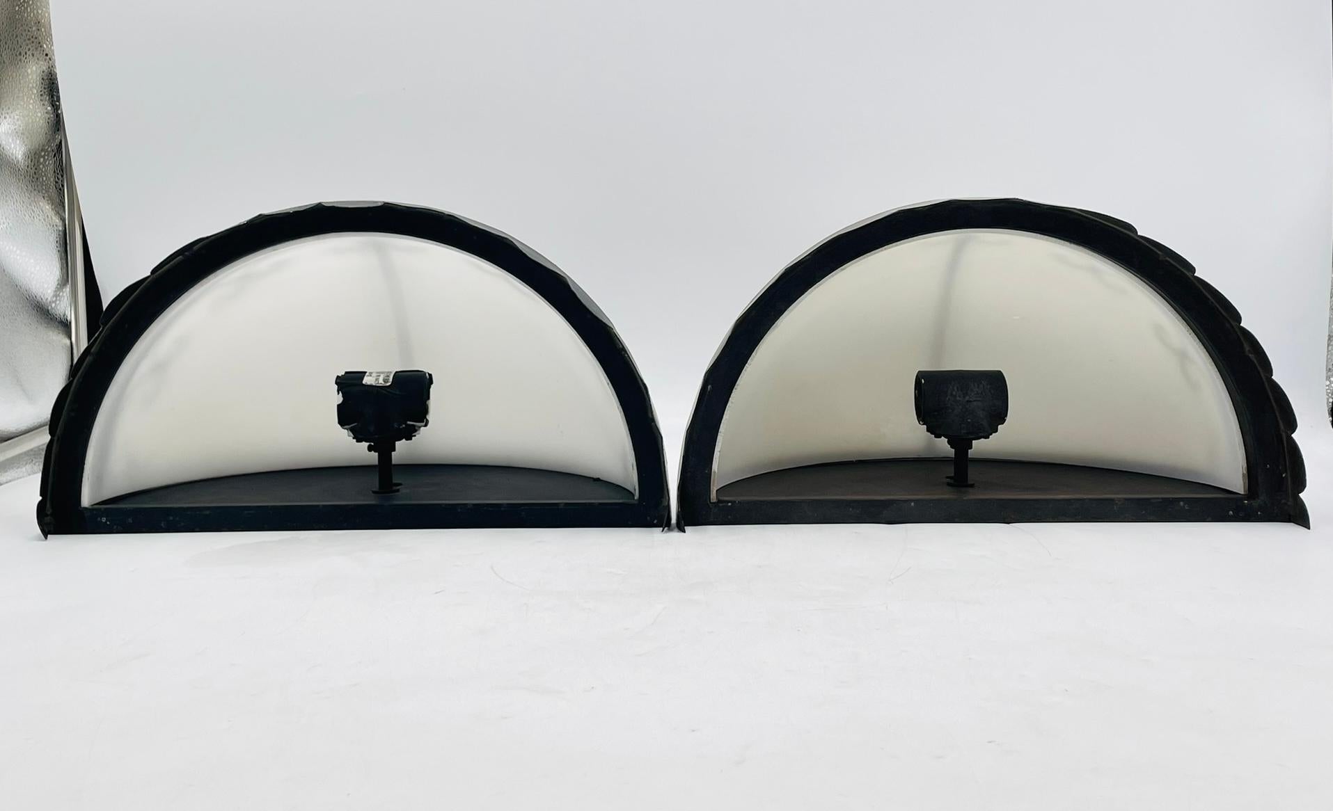 Steven Handelman Studios Wrought Iron Wall Sconces with White Lucite Shades For Sale 2