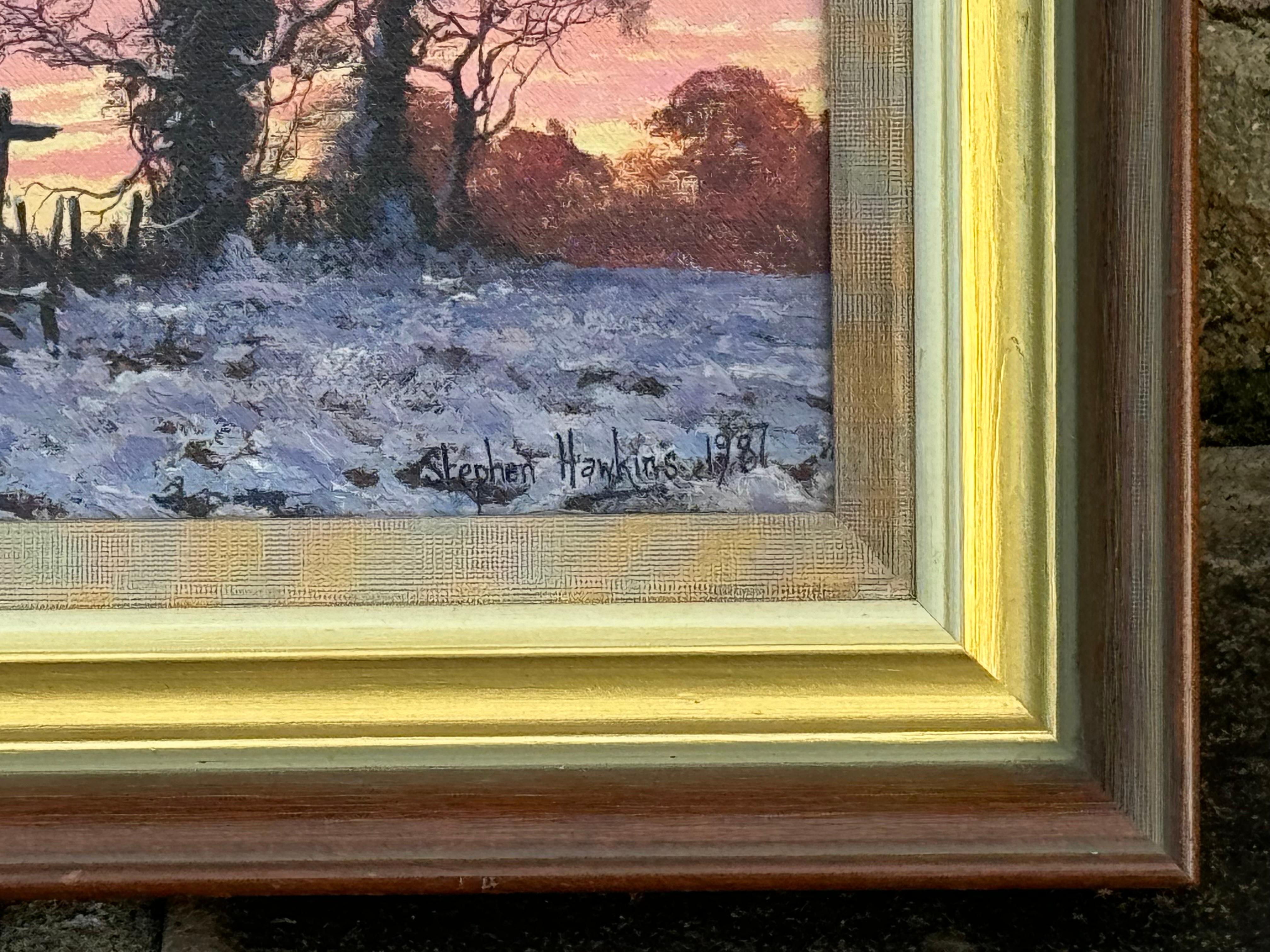 Coucher de soleil hivernal avec neige - Ciel rose, orange et violet dans la campagne anglaise - École anglaise Painting par Steven Hawkins