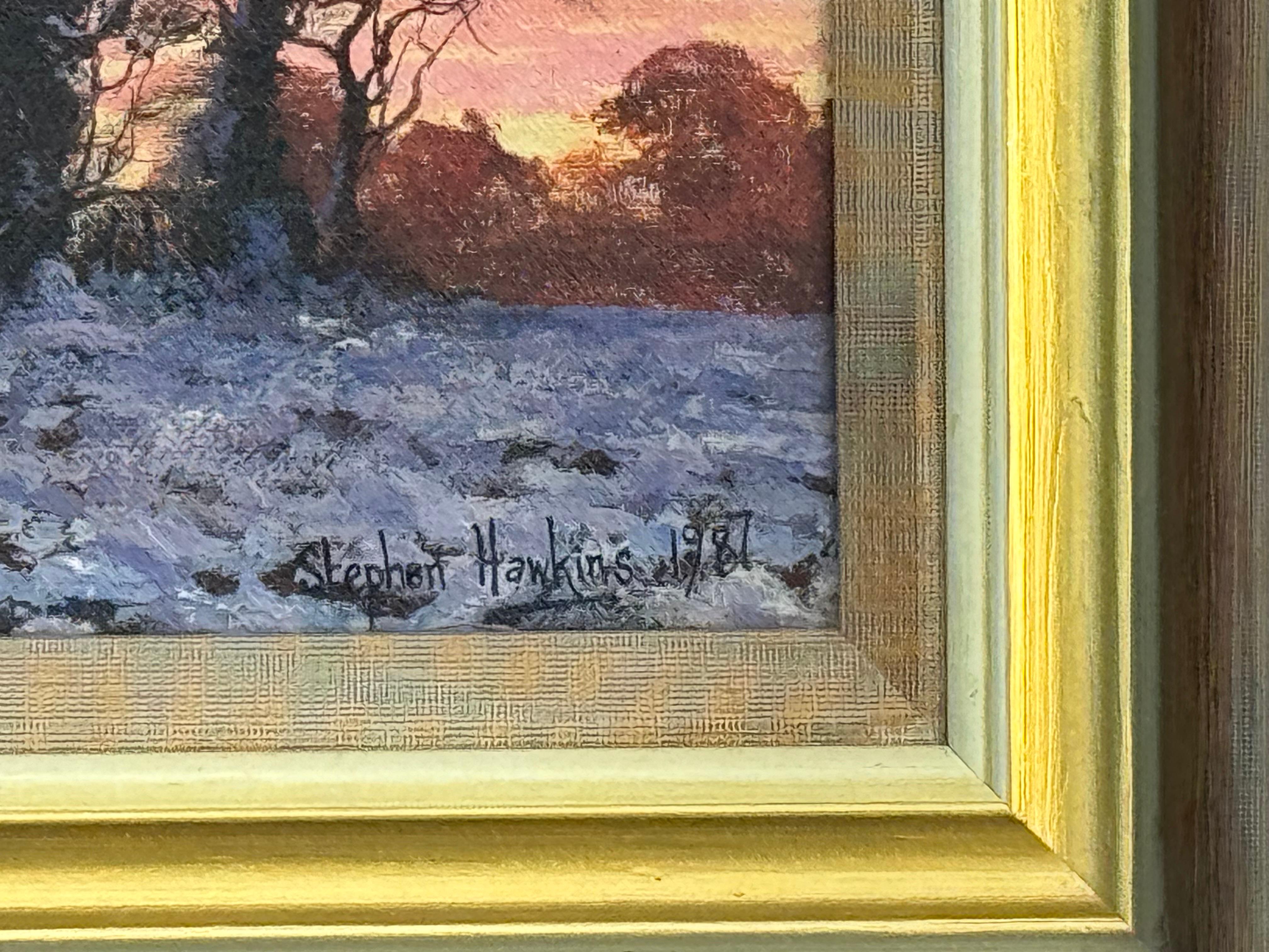 Coucher de soleil hivernal avec neige - Ciel rose, orange et violet dans la campagne anglaise en vente 2