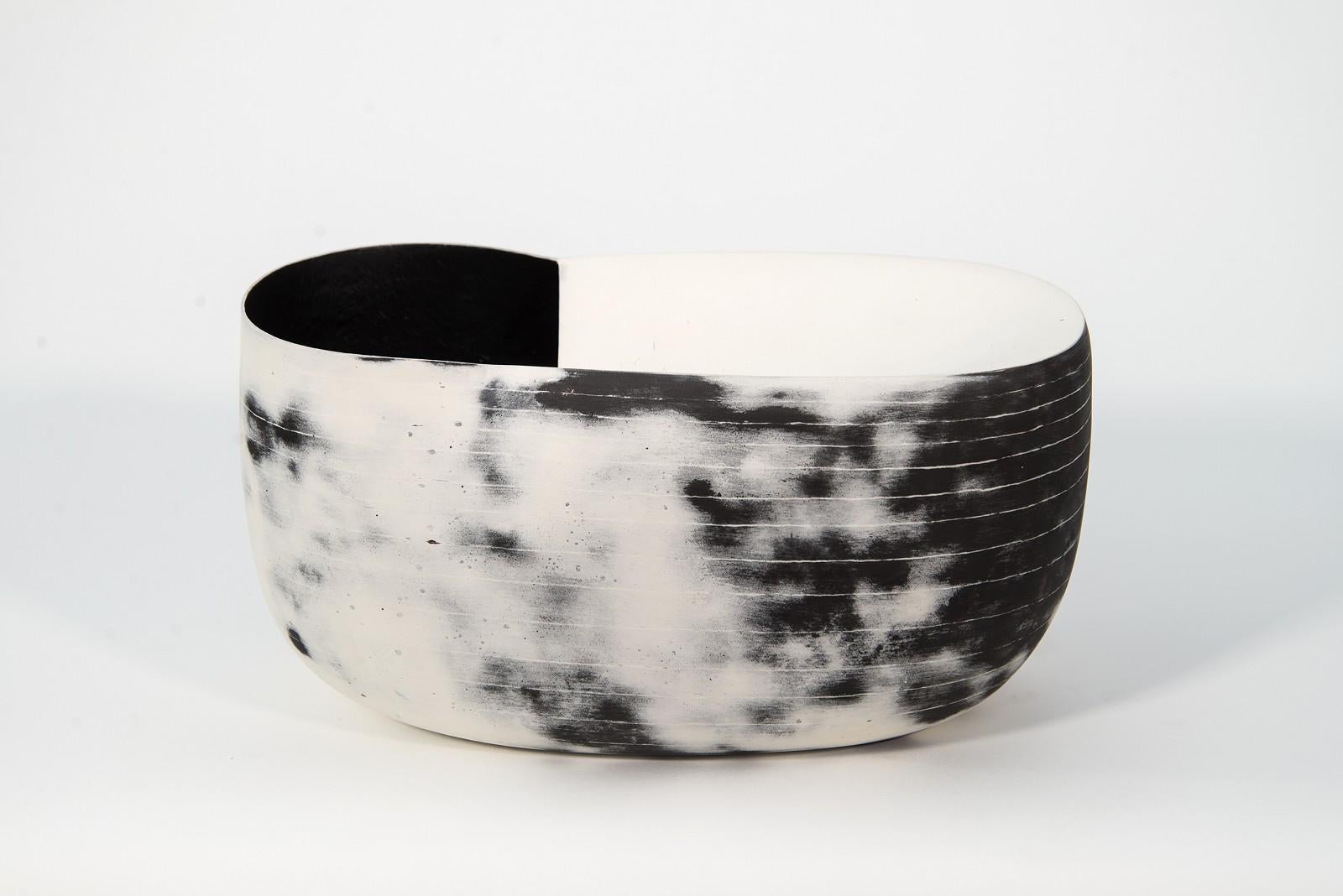 Borealis - black and white, nature inspired, elongated, ceramic, tabletop vessel - Black Abstract Sculpture by Steven Heinemann
