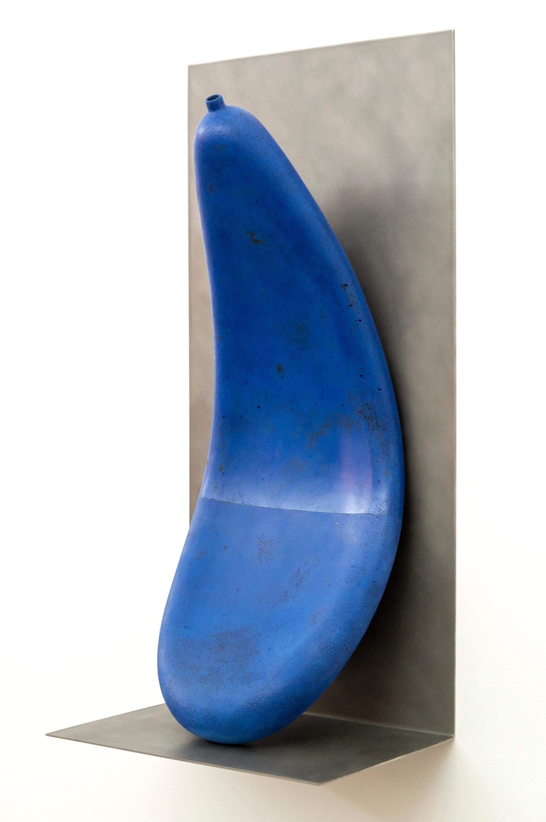 letsgoawayforawhile - playful, blue, abstract, elongated, ceramic wall sculpture - Abstract Sculpture by Steven Heinemann