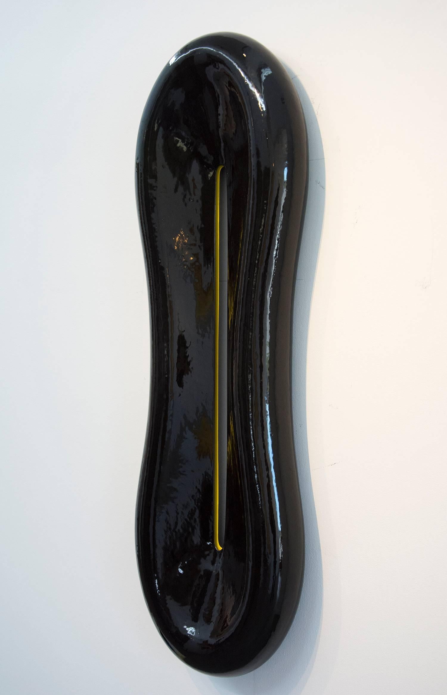 RadarLove - glossy black, yellow, abstract, elongated, ceramic wall sculpture - Sculpture by Steven Heinemann