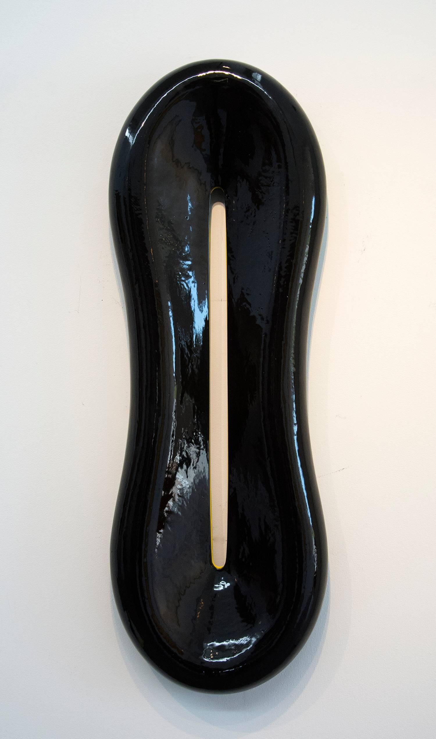 Steven Heinemann Abstract Sculpture - RadarLove - glossy black, yellow, abstract, elongated, ceramic wall sculpture